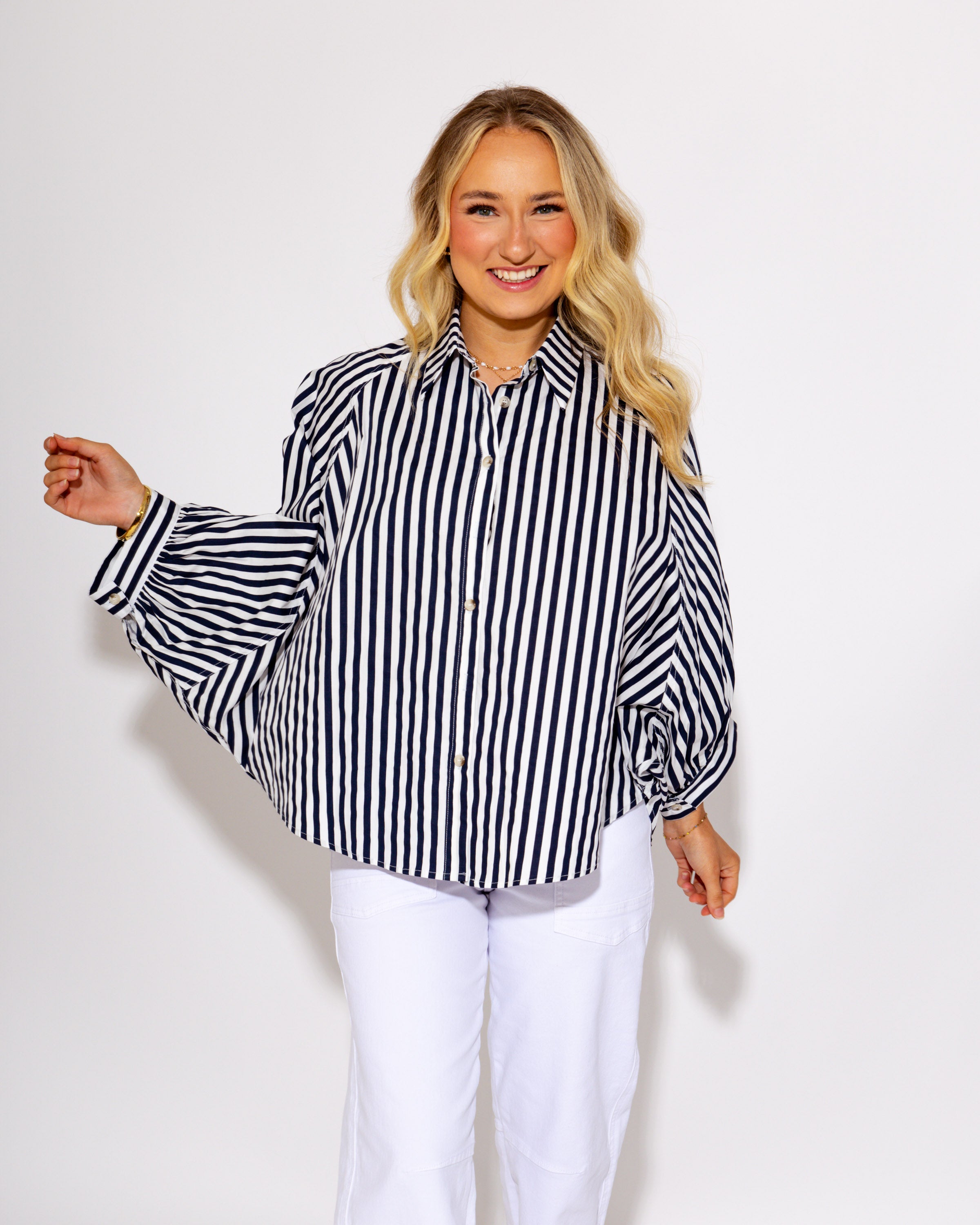 The Classic Striped Button Up Top in Navy