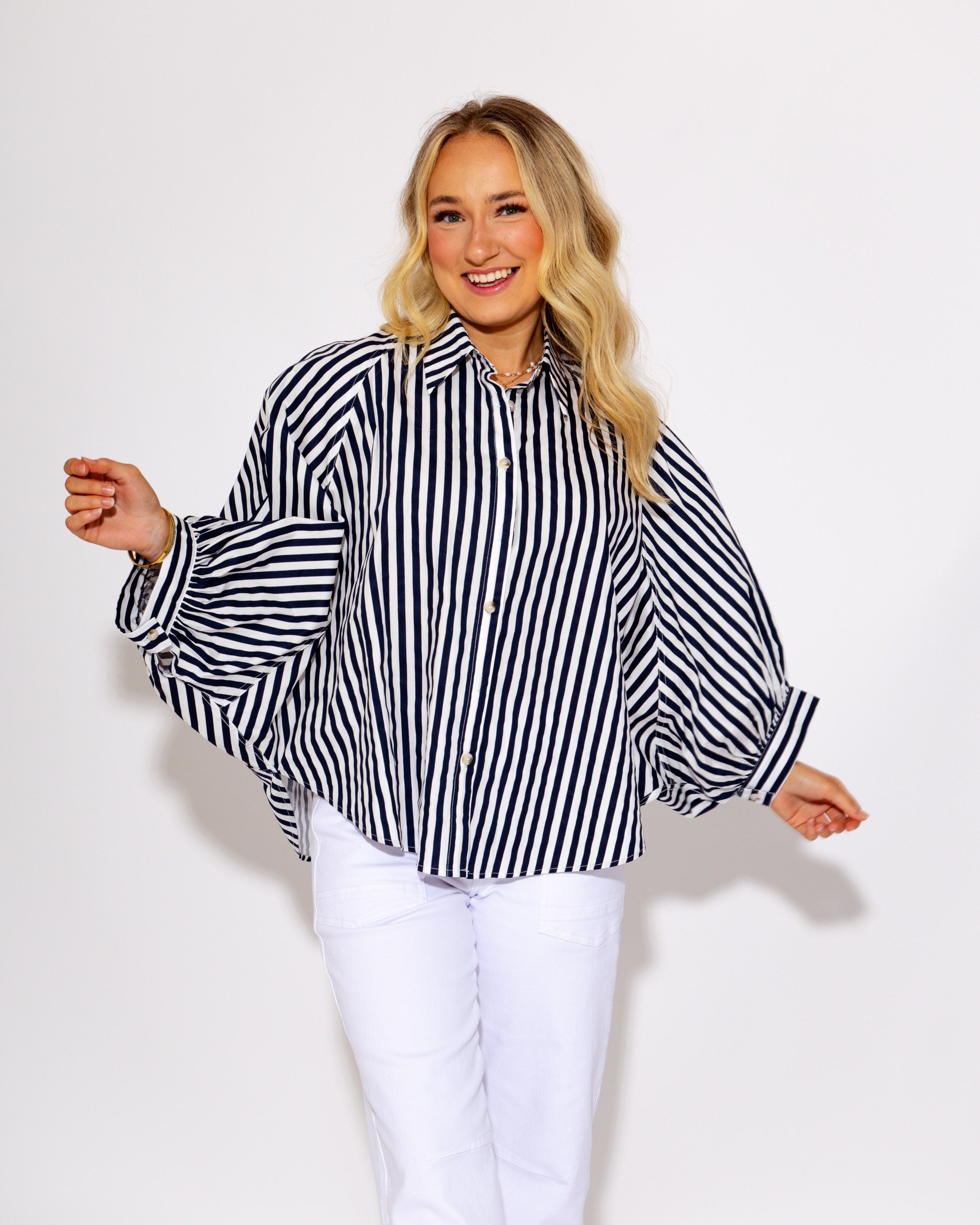 The Classic Striped Button Up Top in Navy