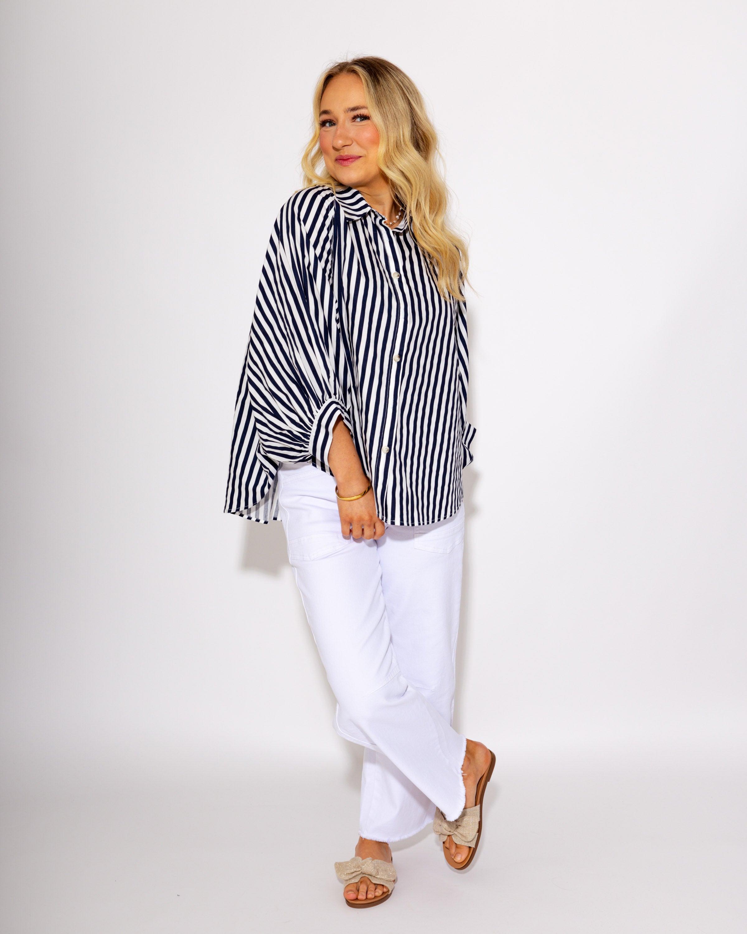 The Classic Striped Button Up Top in Navy