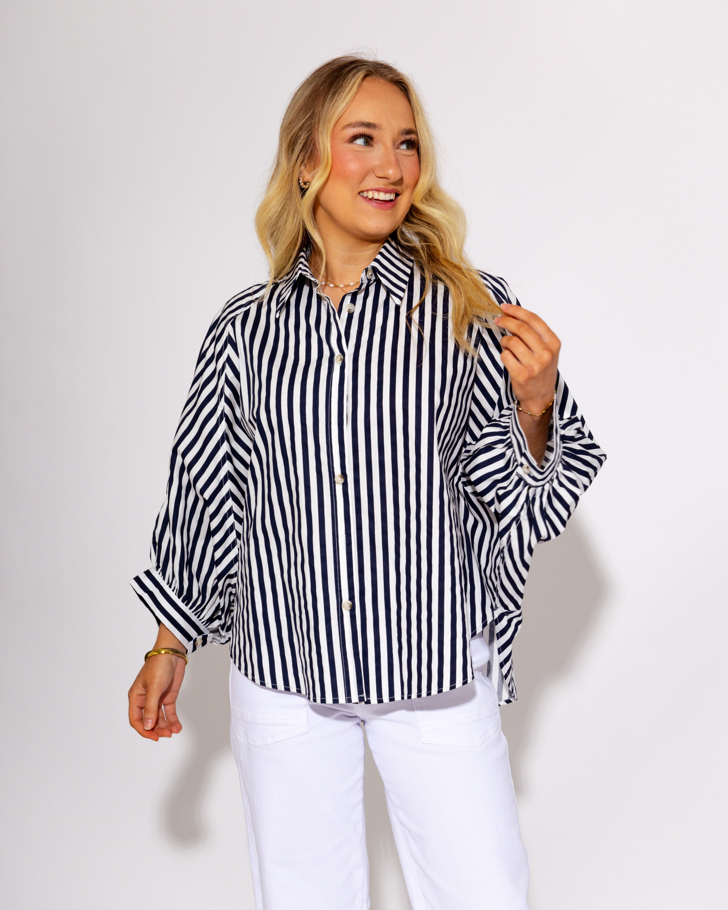 The Classic Striped Button Up Top in Navy
