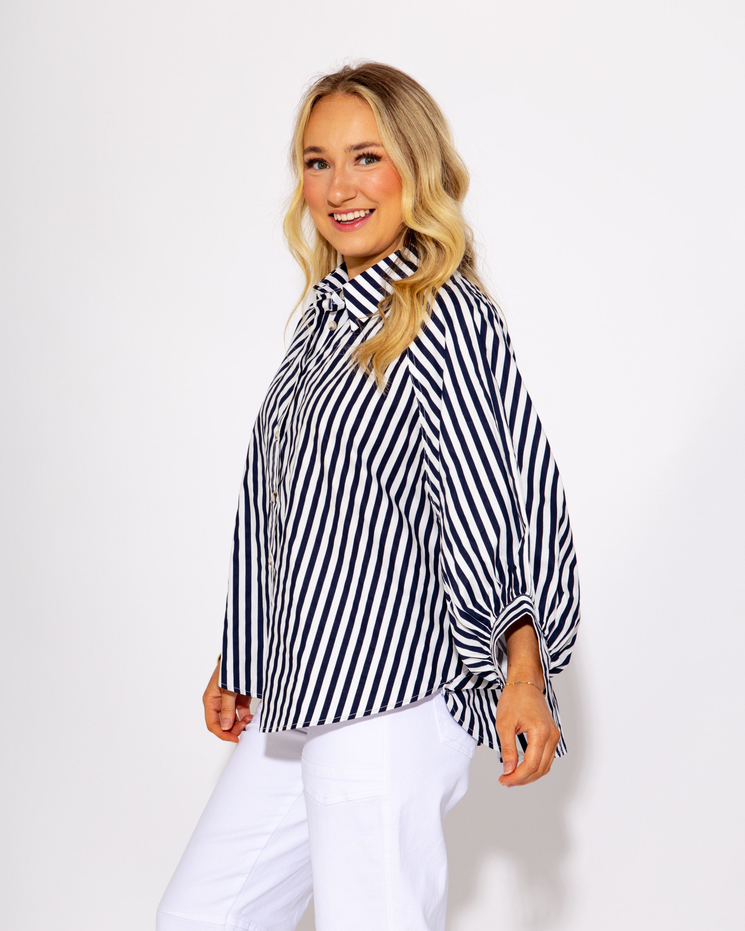 The Classic Striped Button Up Top in Navy