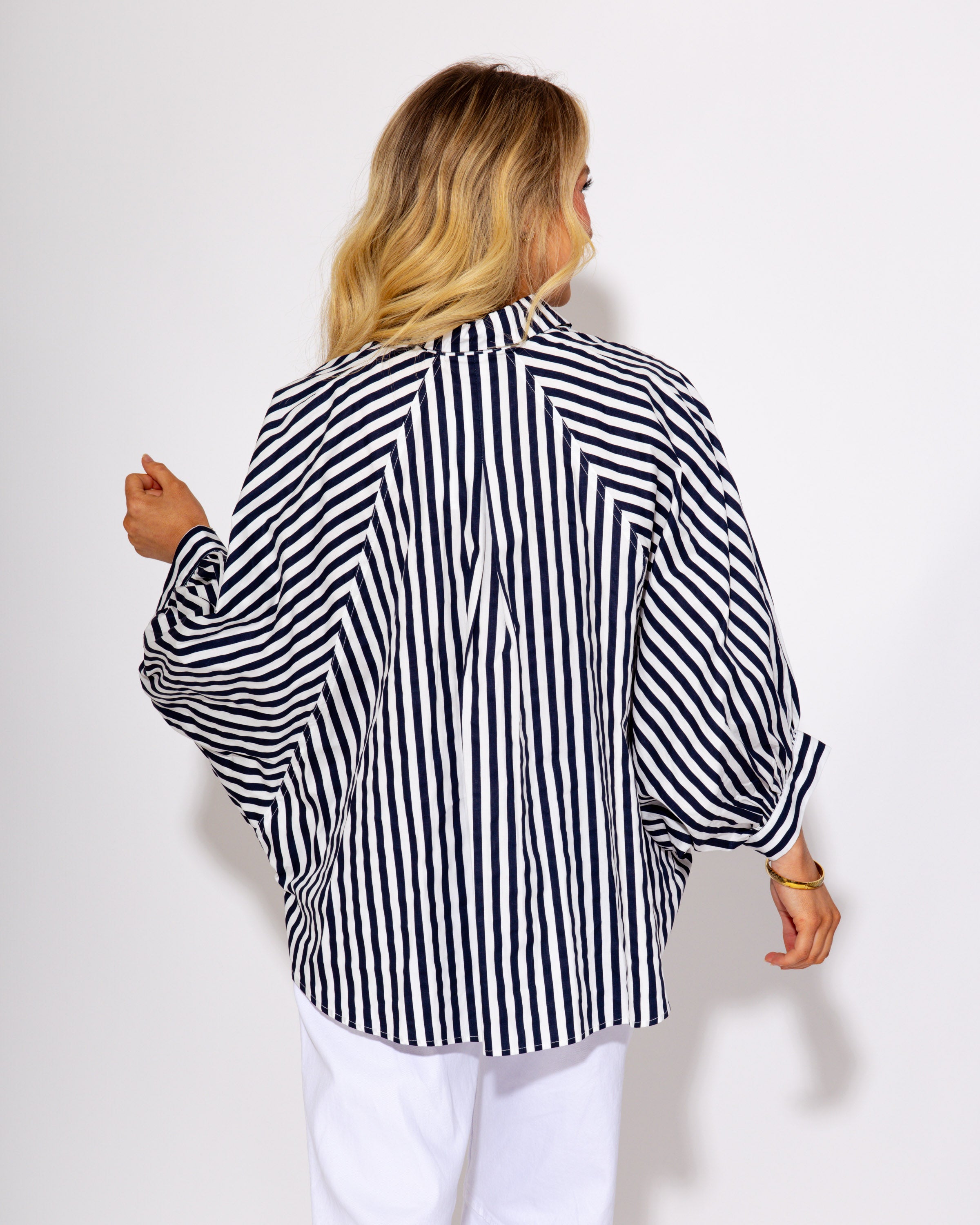 The Classic Striped Button Up Top in Navy