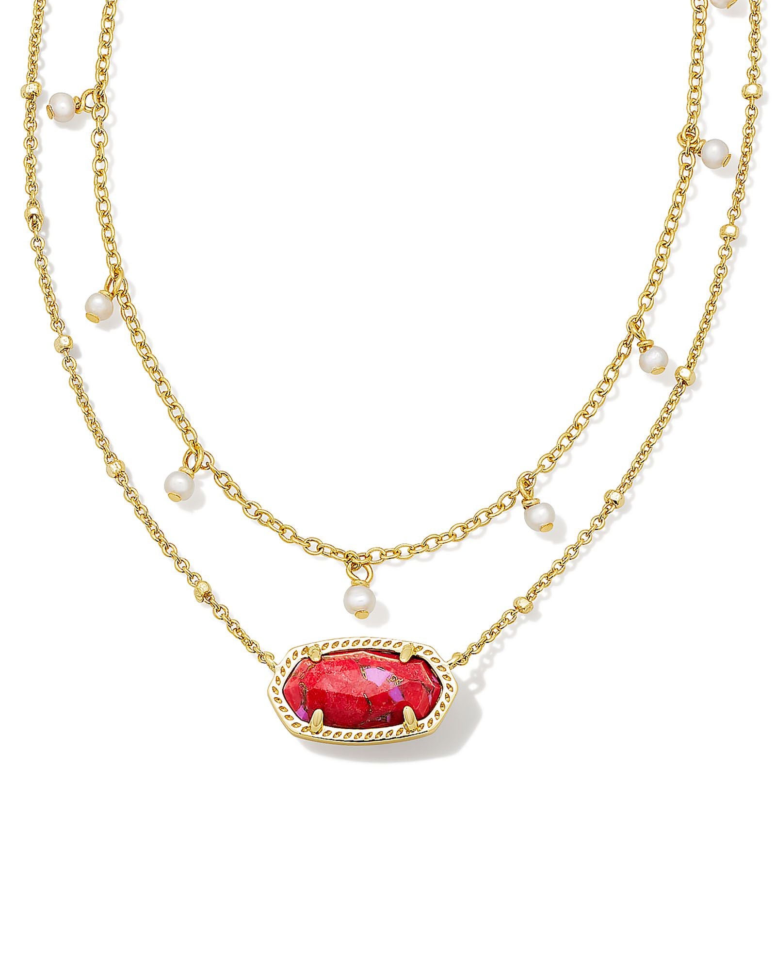Elisa Pearl Multi Strand Necklace in Gold Bronze Veined Red and Fuchsia Magnesite