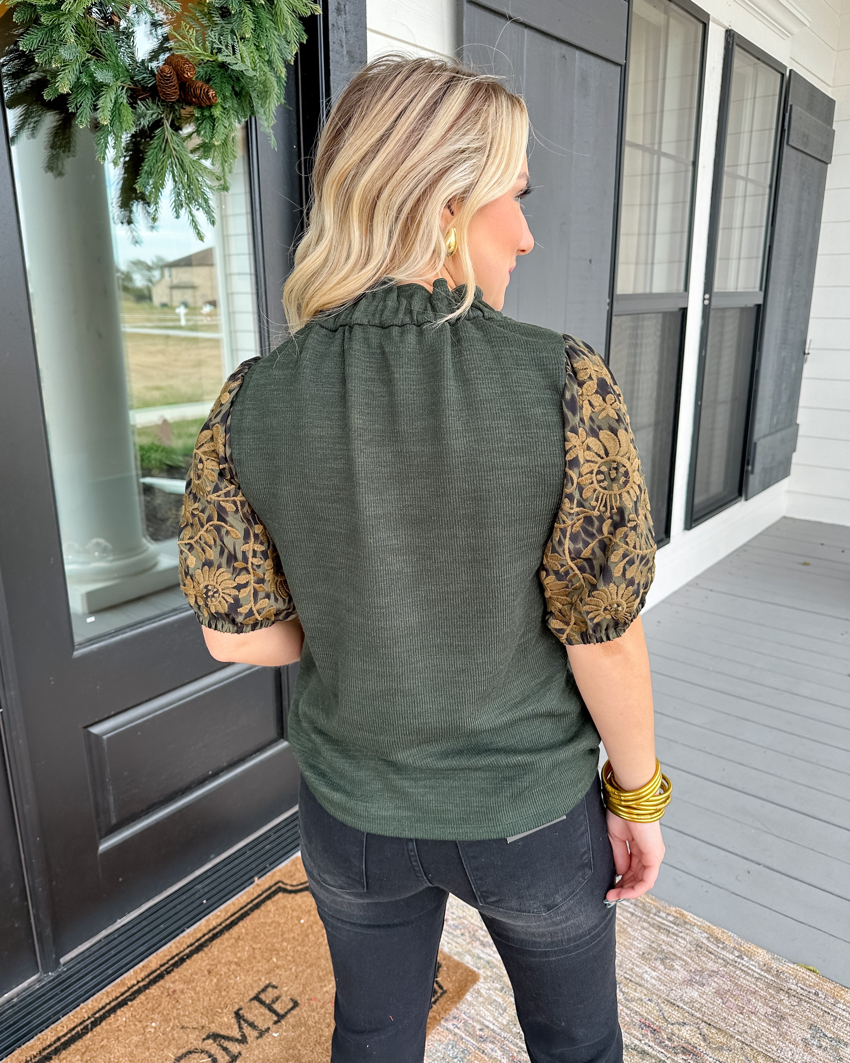 Embroidered Puff Sleeve Top in Green