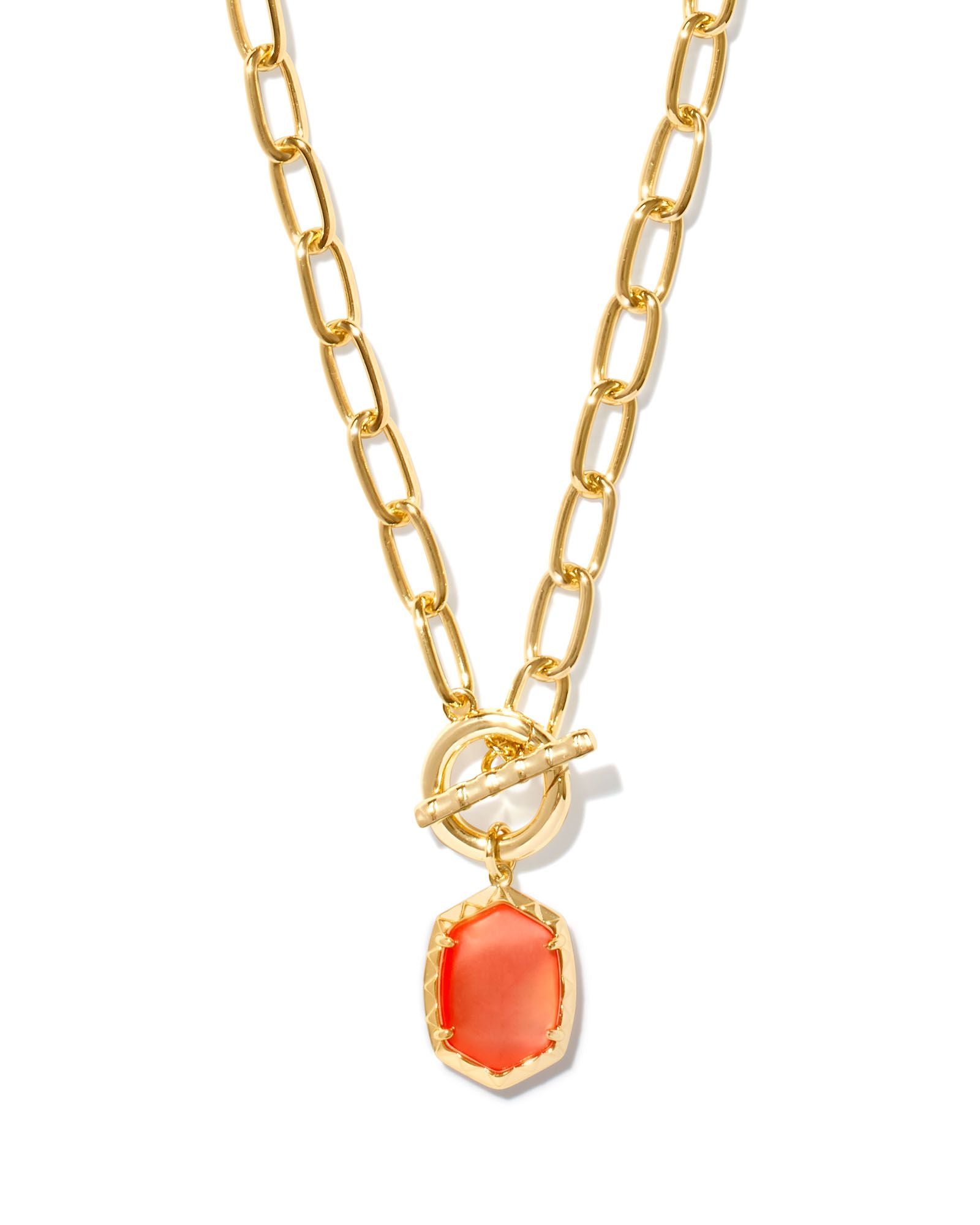Daphne Link Chain Necklace in Gold Coral Pink Mother of Pearl