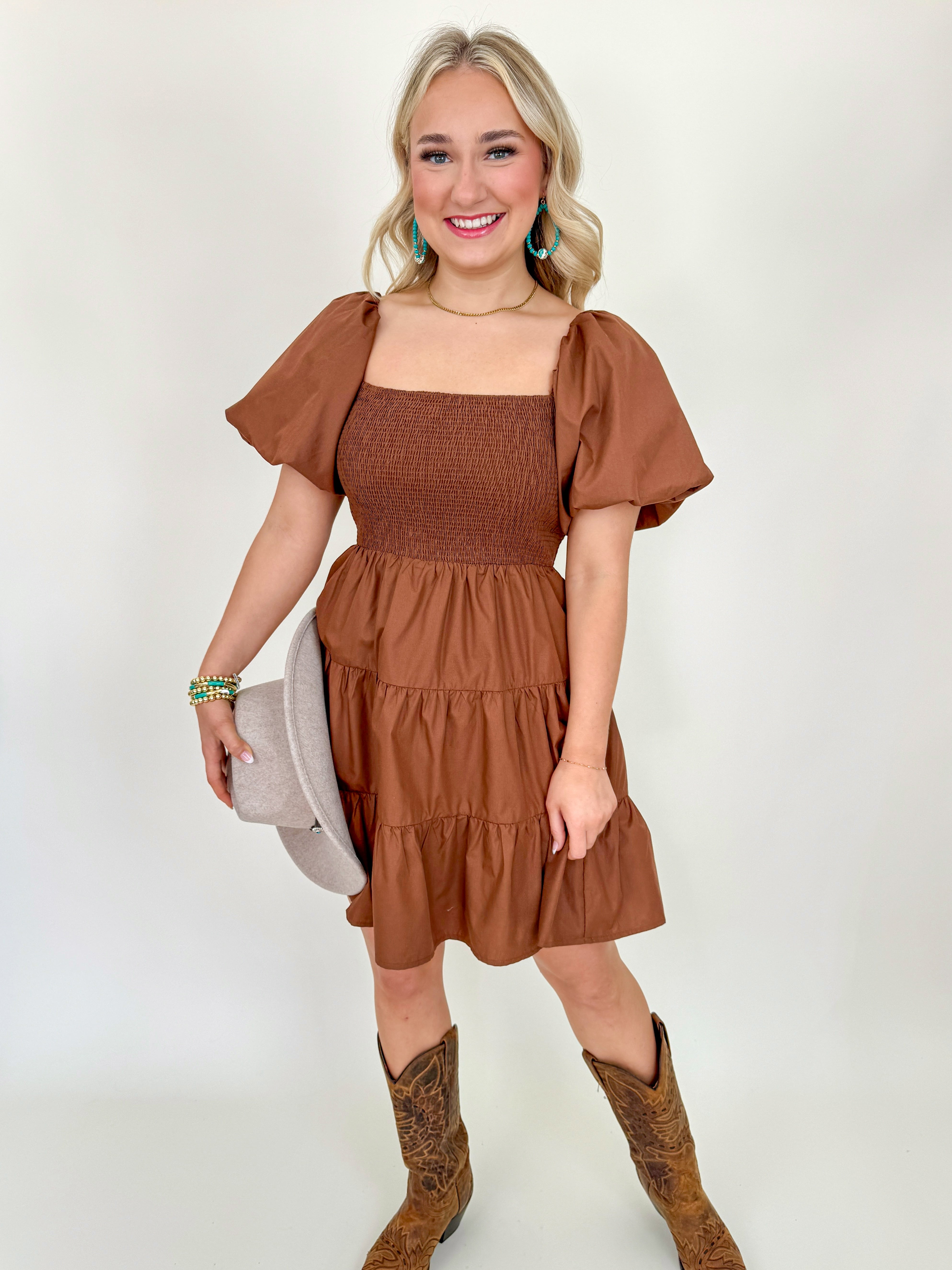Puff Sleeve Smocked Mini Dress in Brown