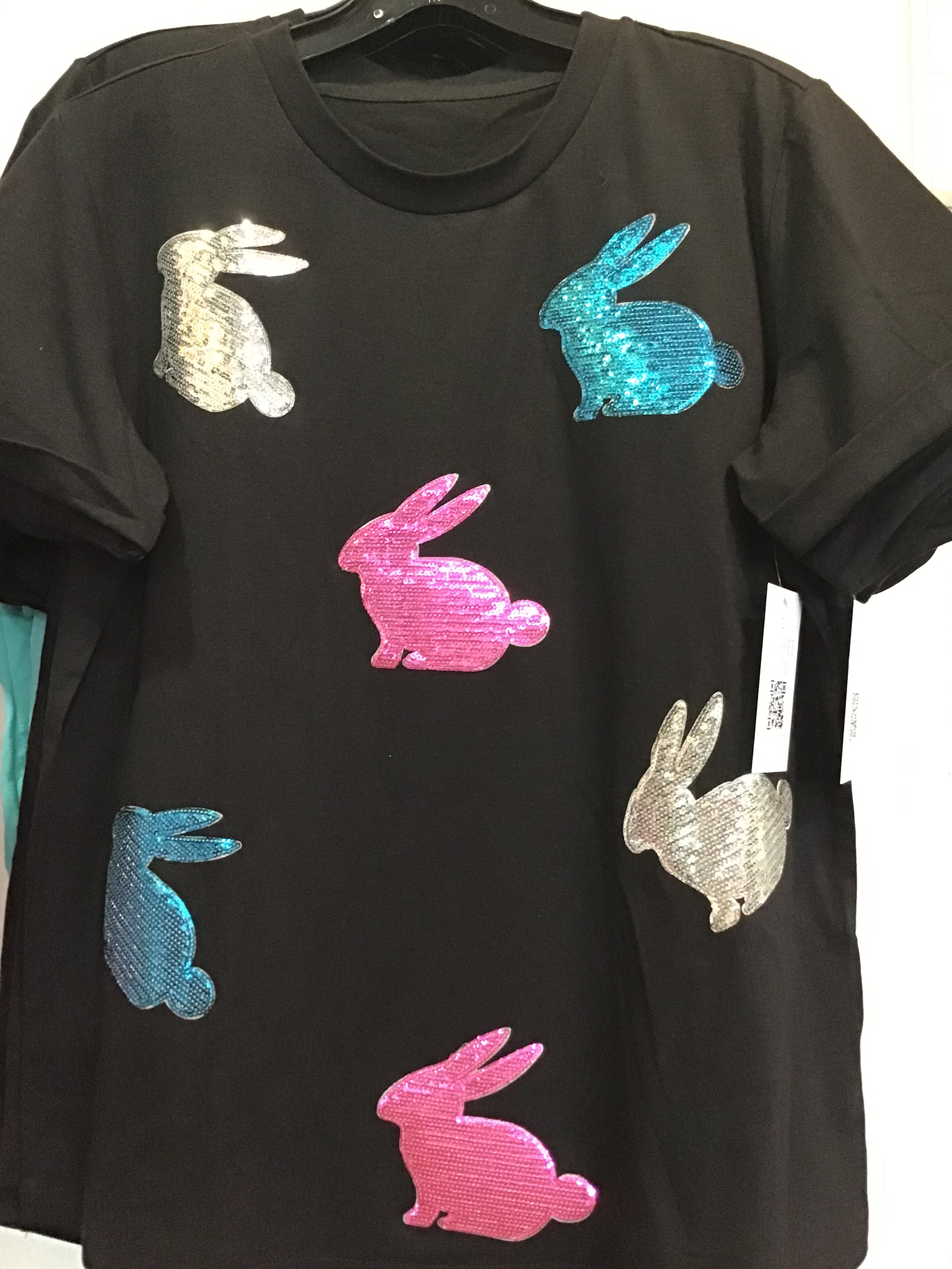 Black Sequin Easter Bunny Graphic Round Neck Top