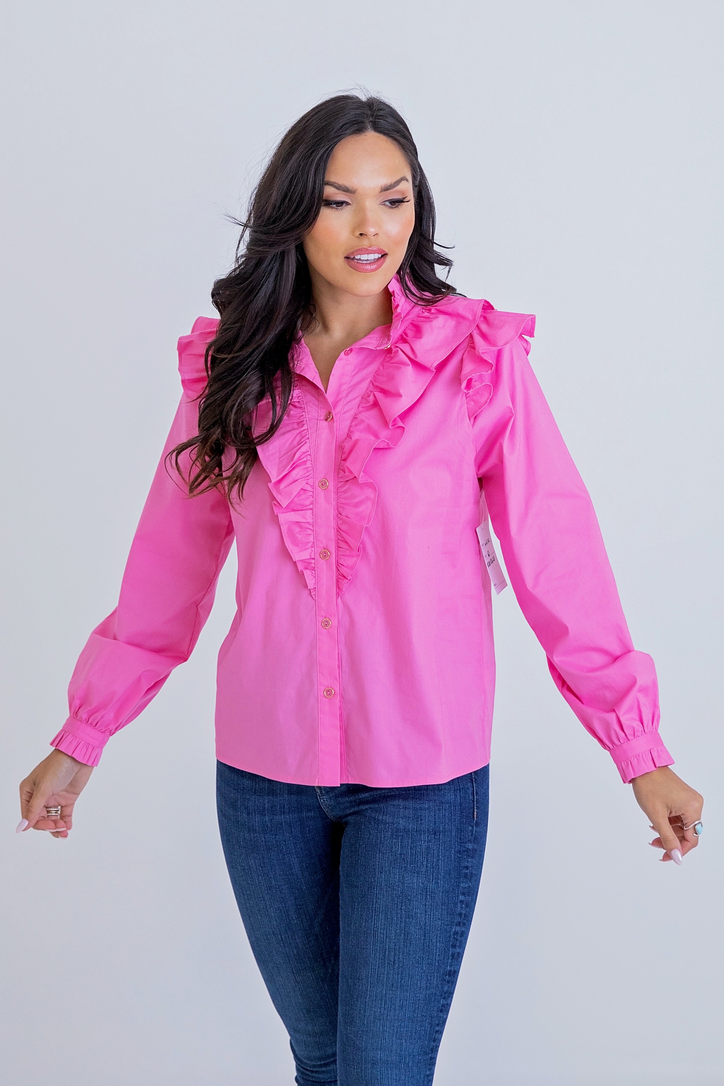 Solid Poplin Ruffle Button Down Top in Pink