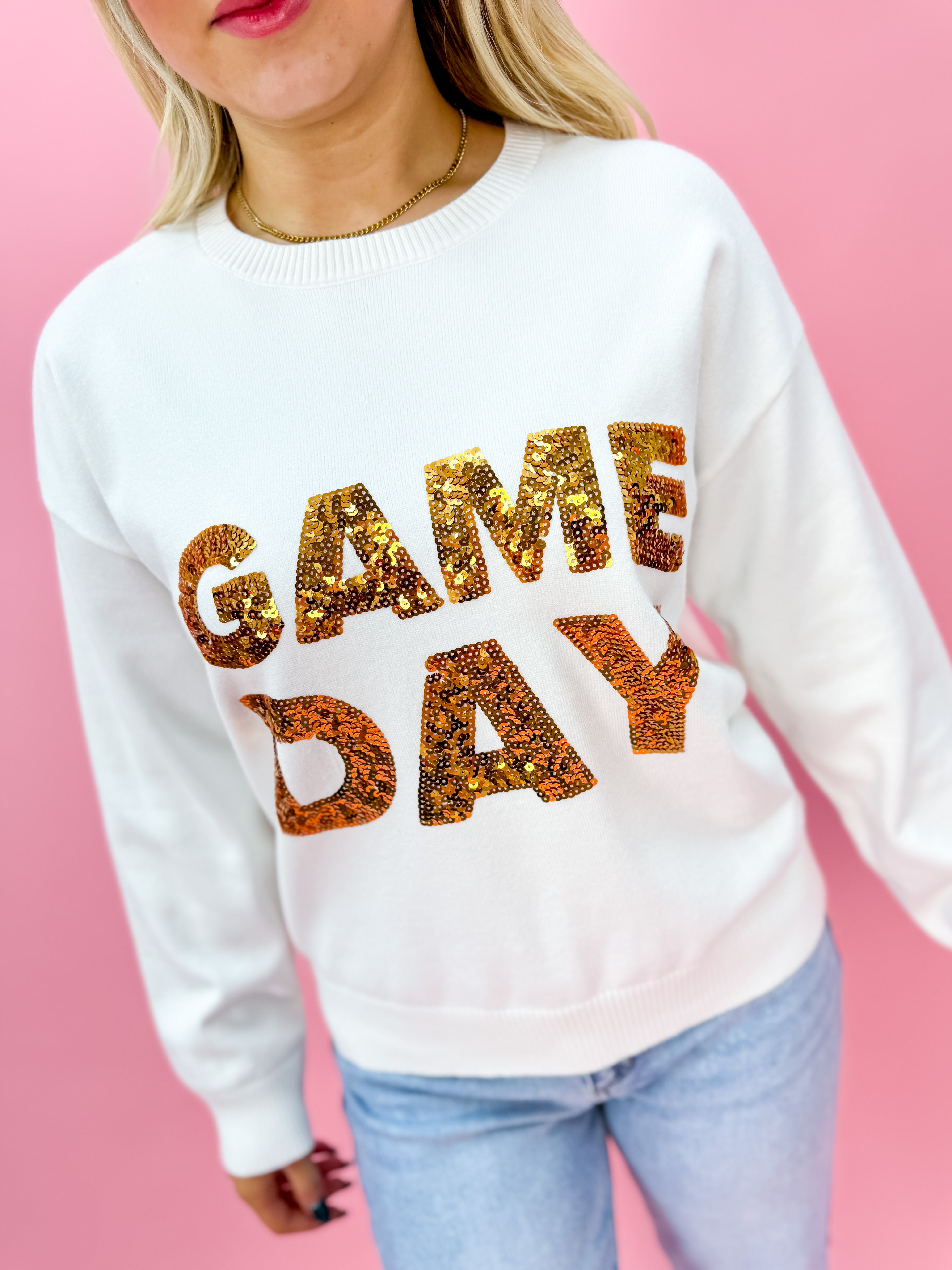 Knit Sweater with Gameday Sequin in White/Gold