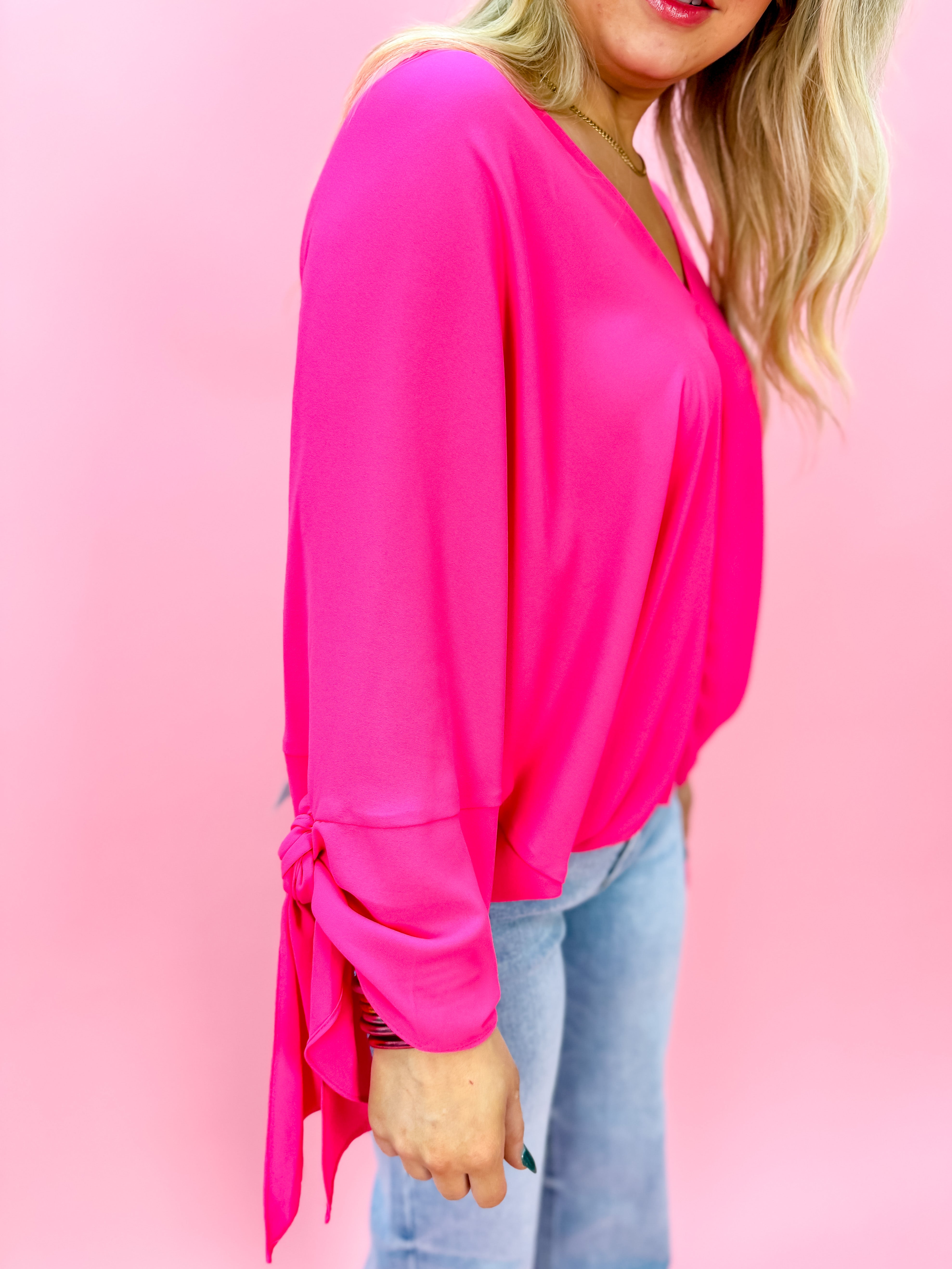 Wrap Sleeve V-Neck Top in Hot Pink