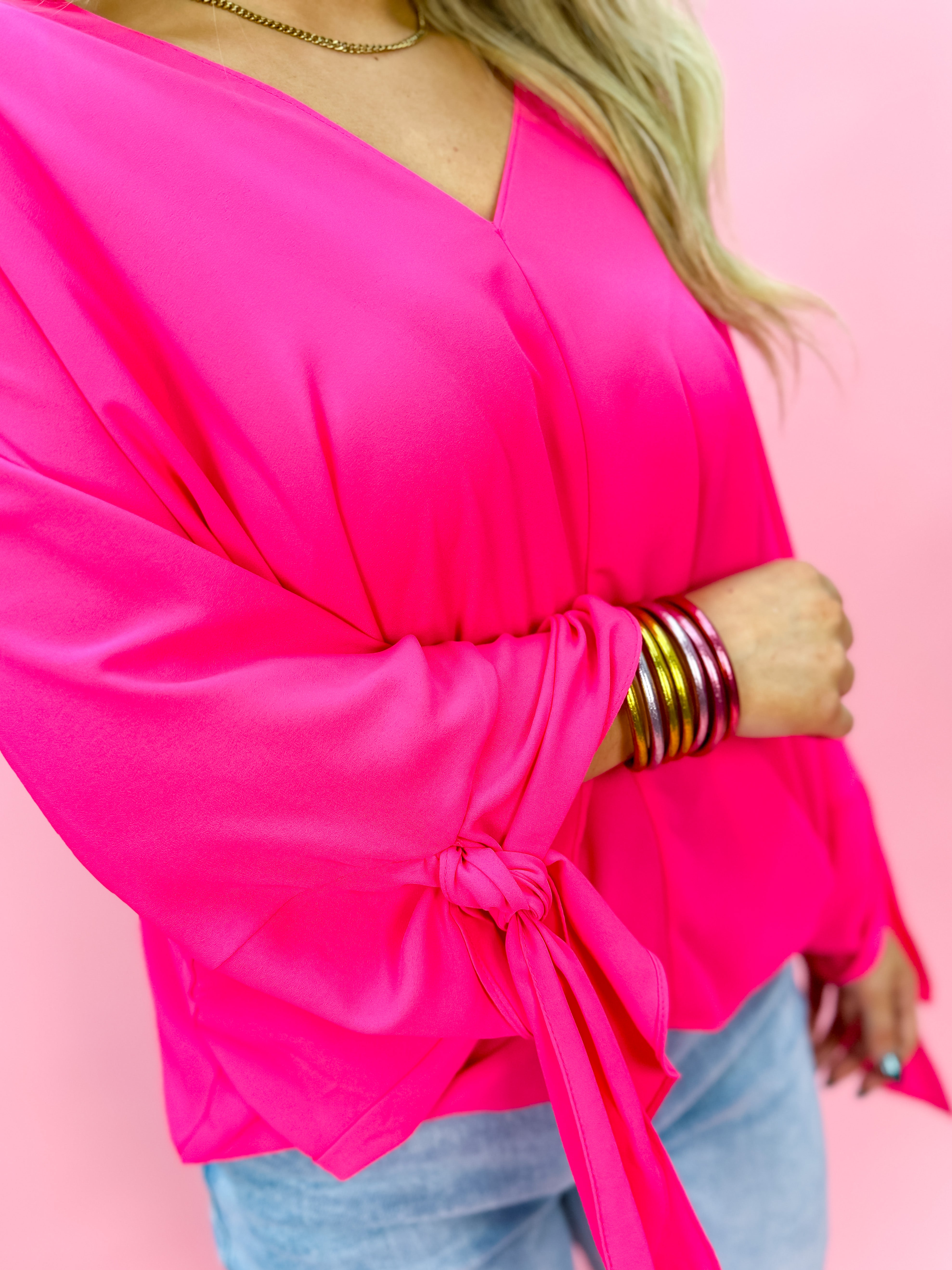 Wrap Sleeve V-Neck Top in Hot Pink