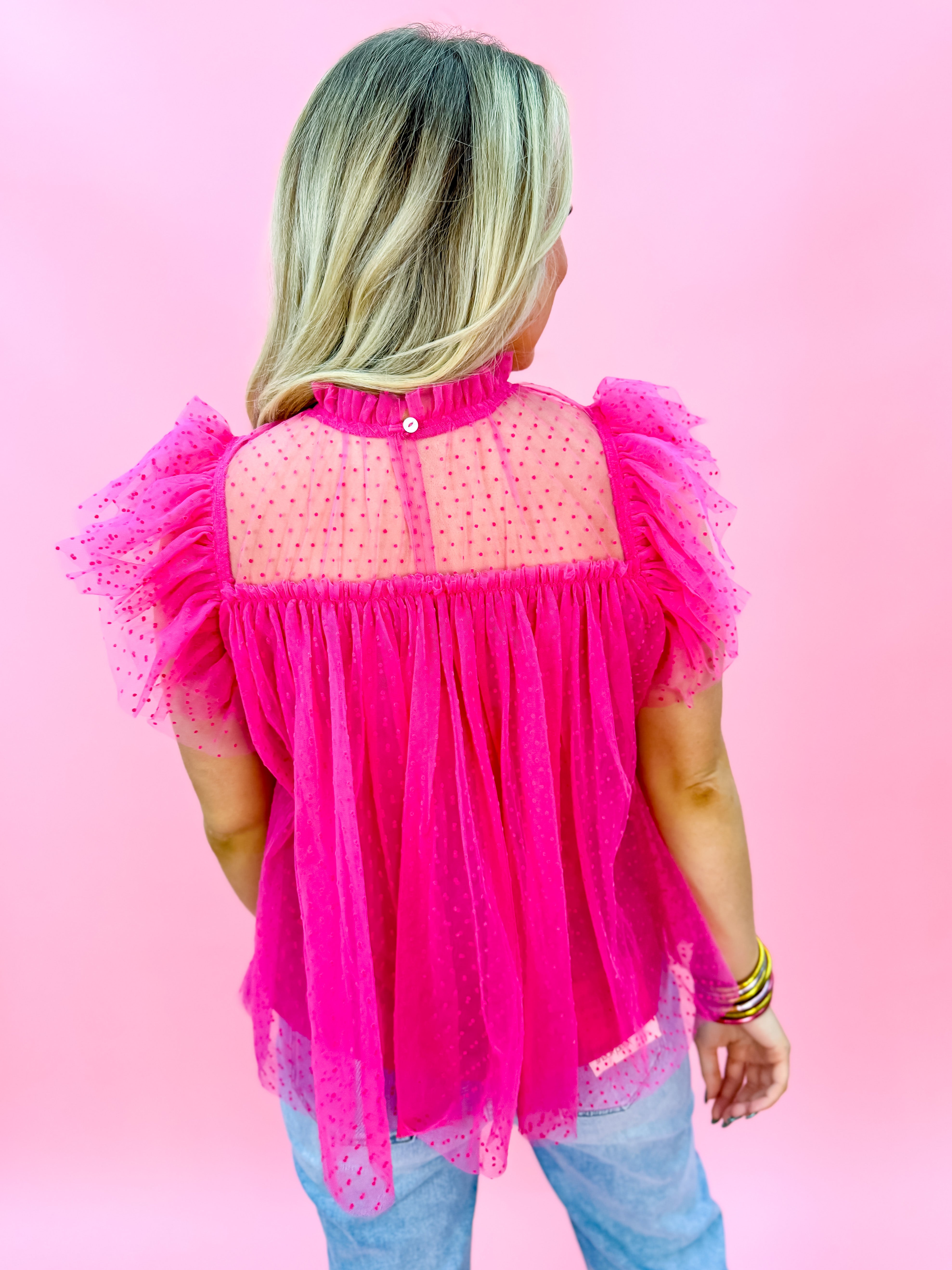 Mock Neck Ruffle Top in Hot Pink