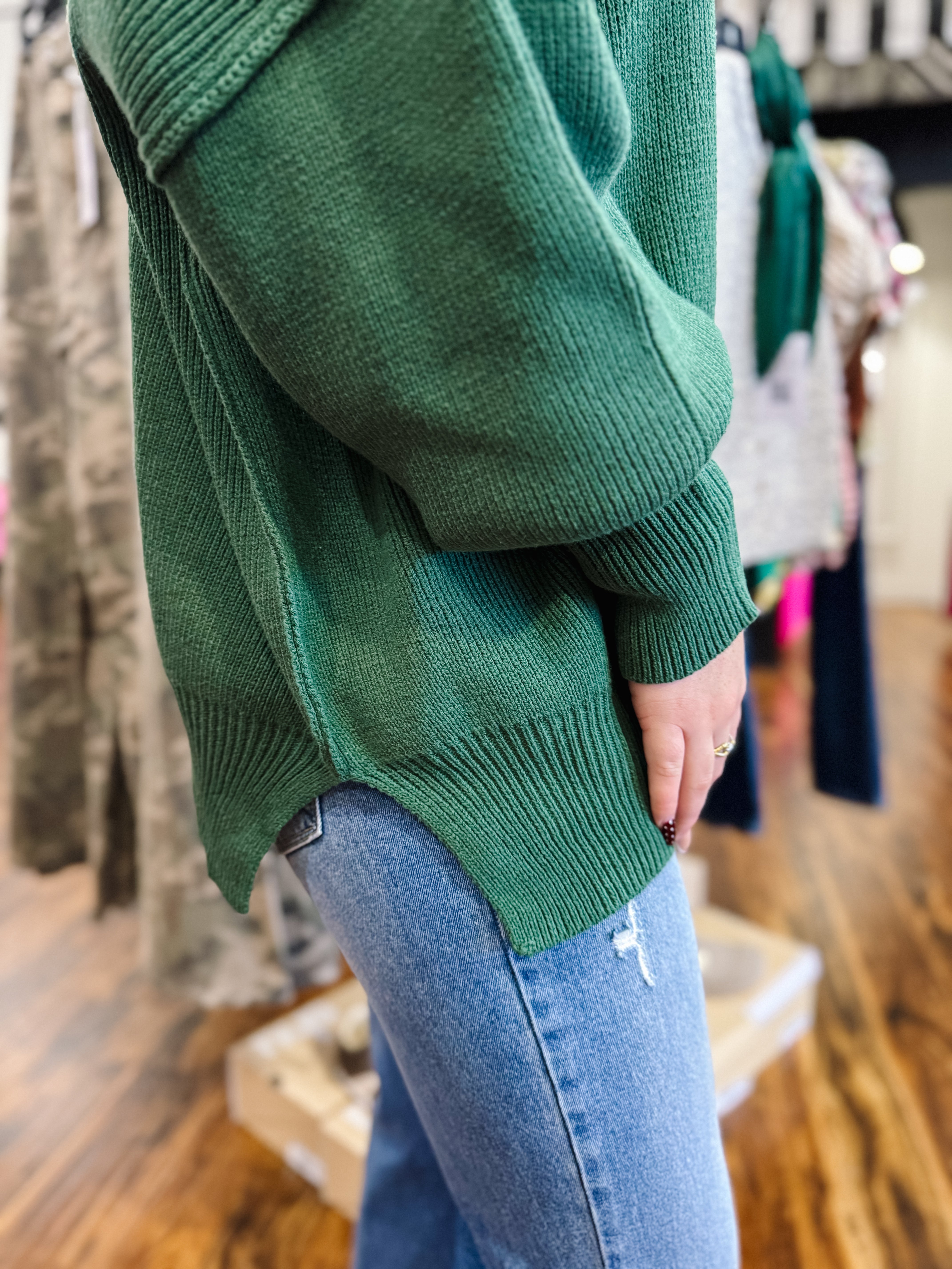 Side Slit Oversized Sweater in Dark Green