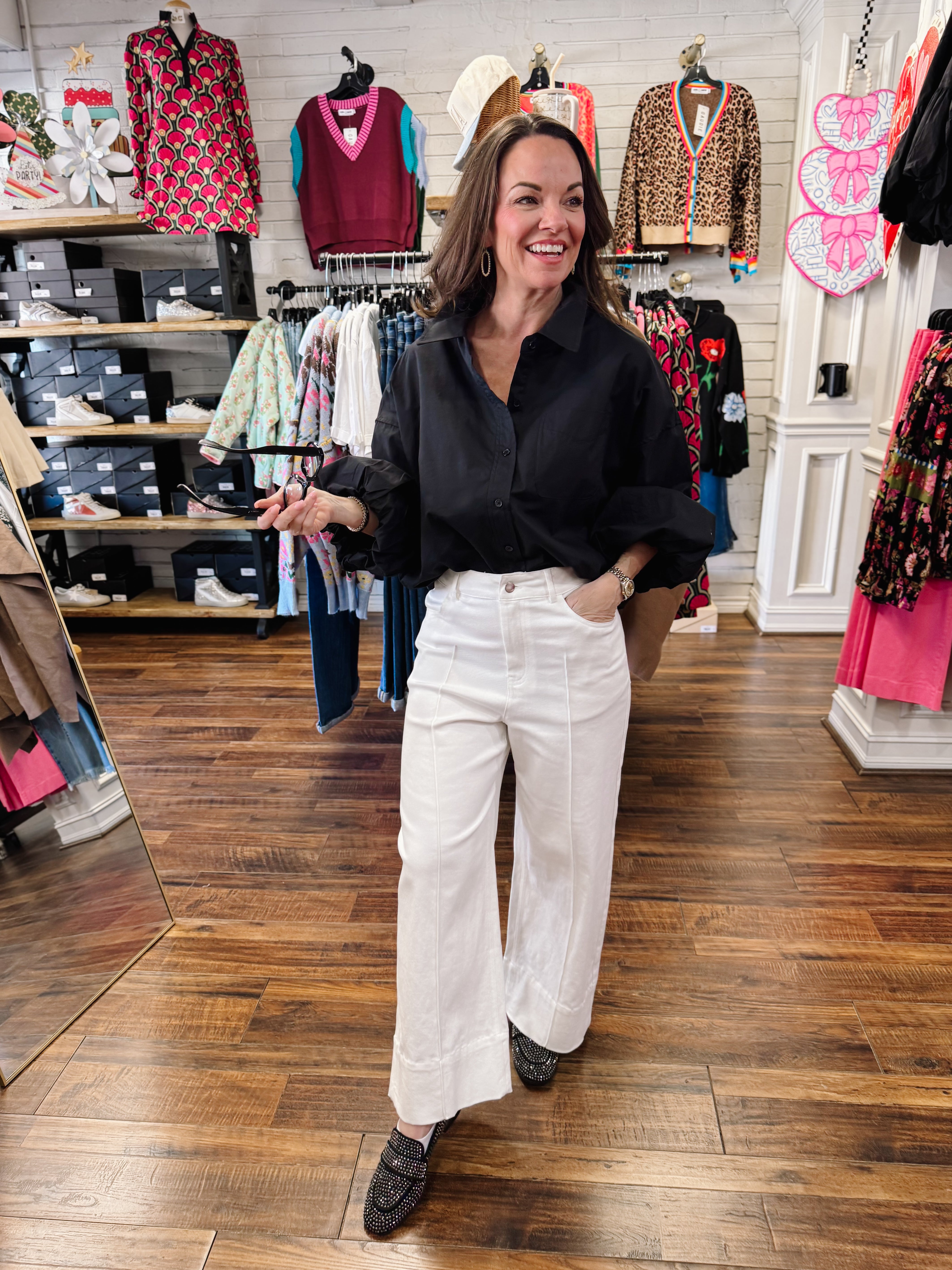 Button Down Bubble Sleeve Top in Black