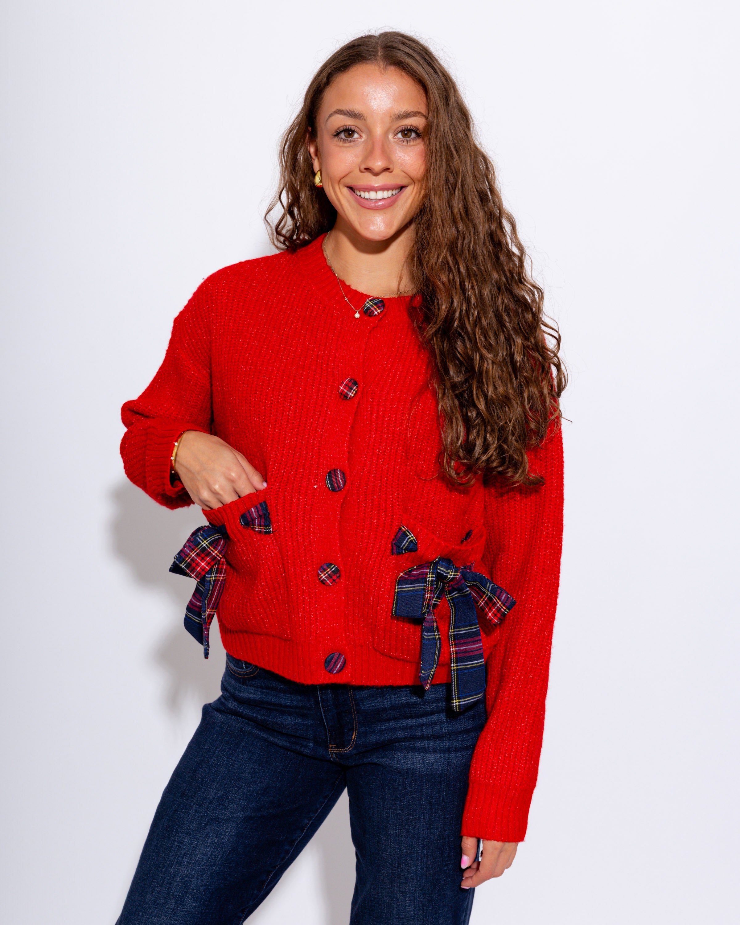 Red Plaid Bow Cardigan Top