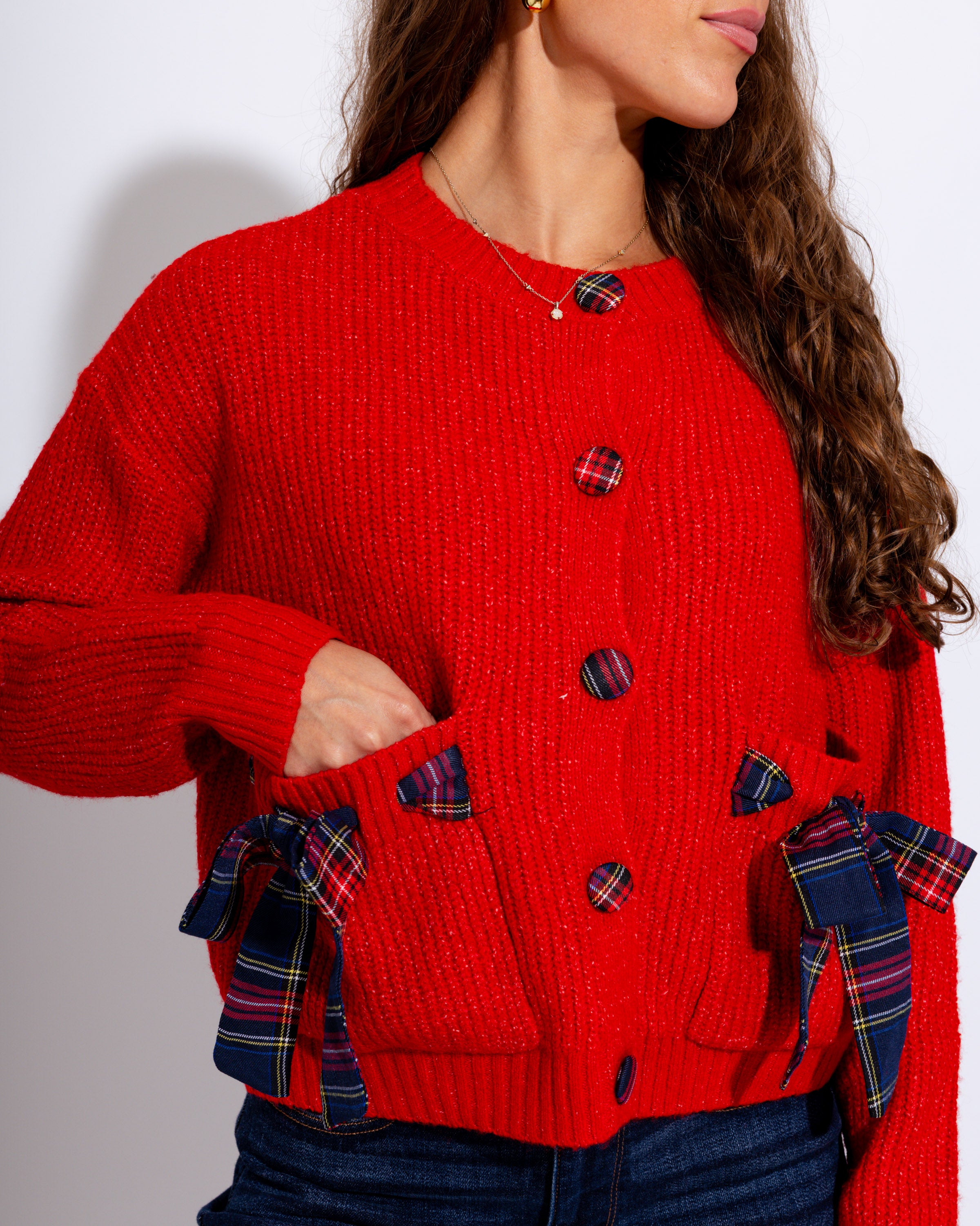 Red Plaid Bow Cardigan Top