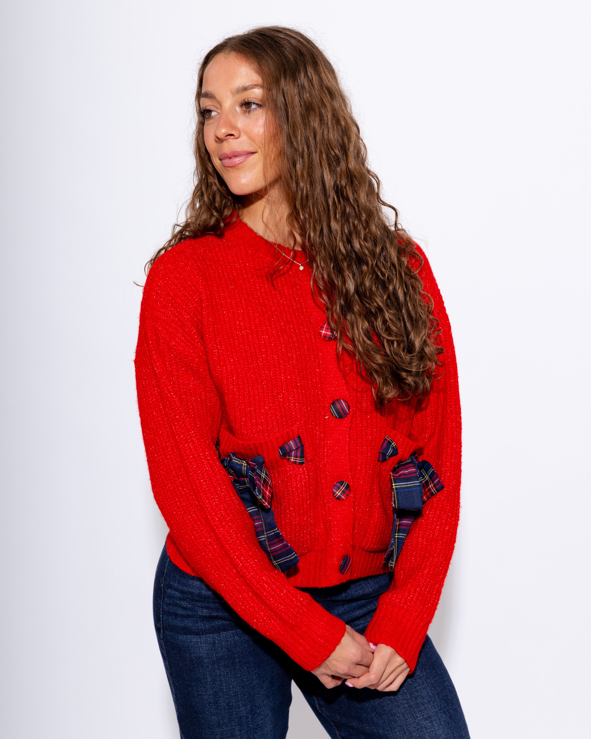 Red Plaid Bow Cardigan Top