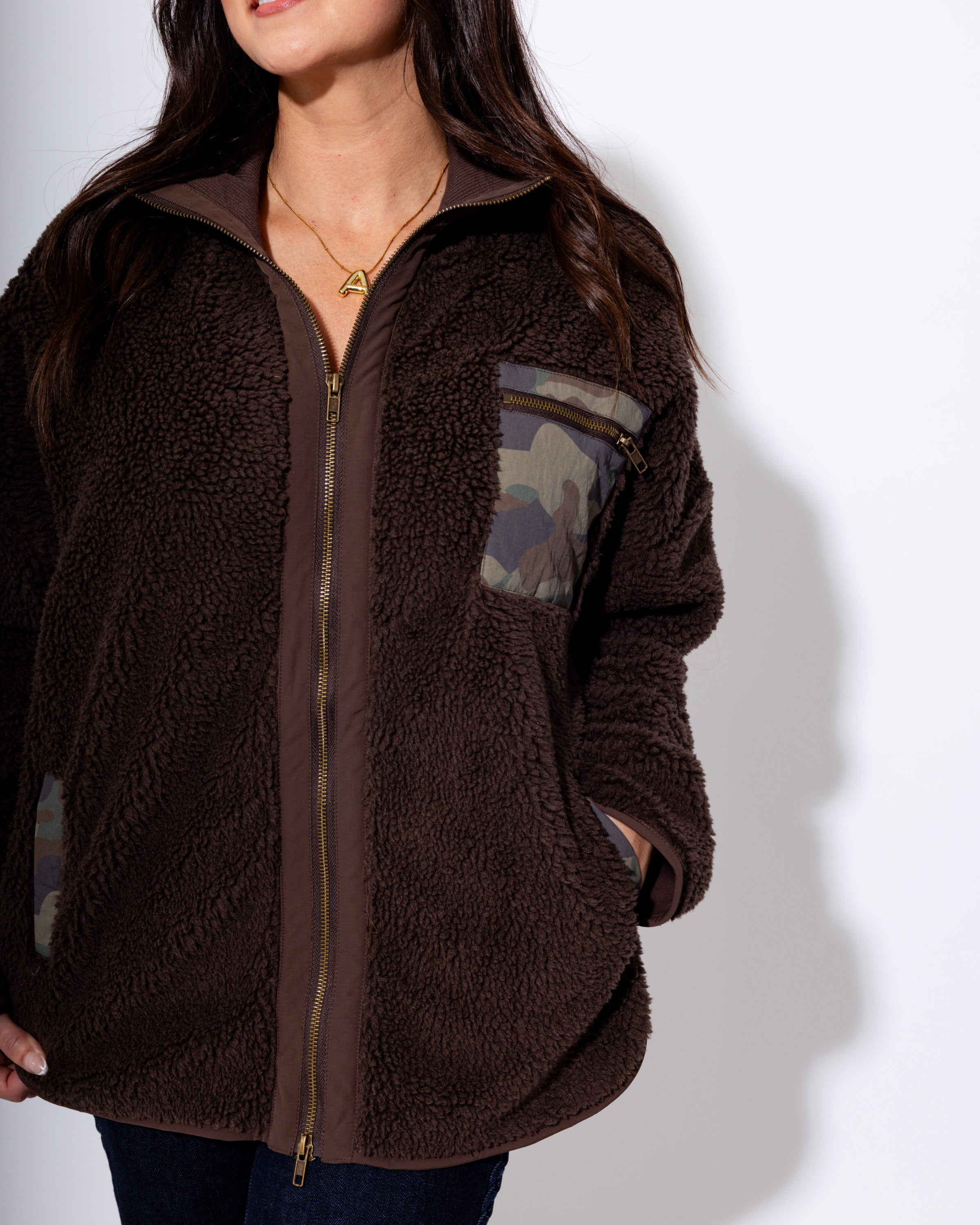 Brown Shearling Zip Front Jacket