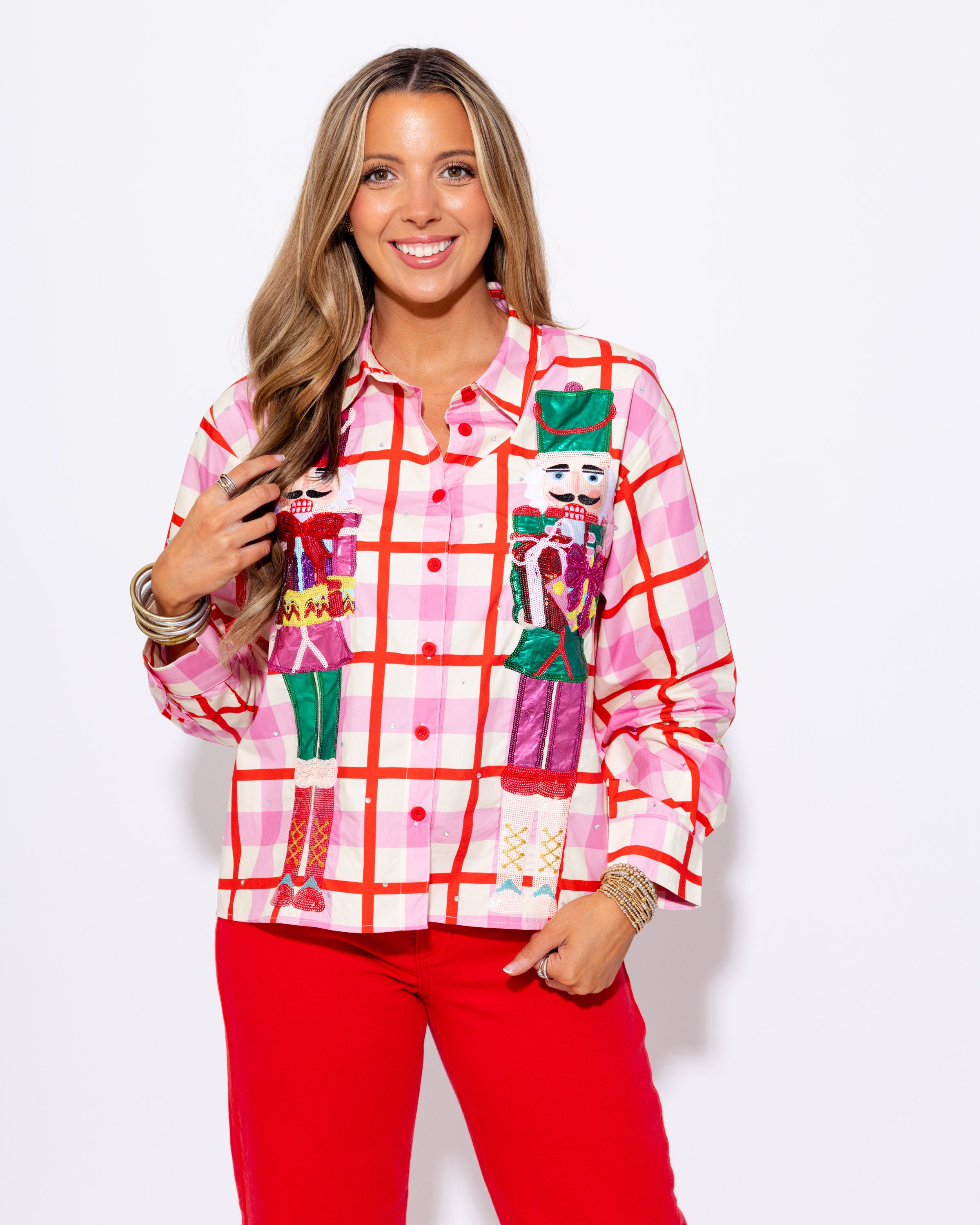 Plaid Metallic Nutcracker Cotton Button Up Top