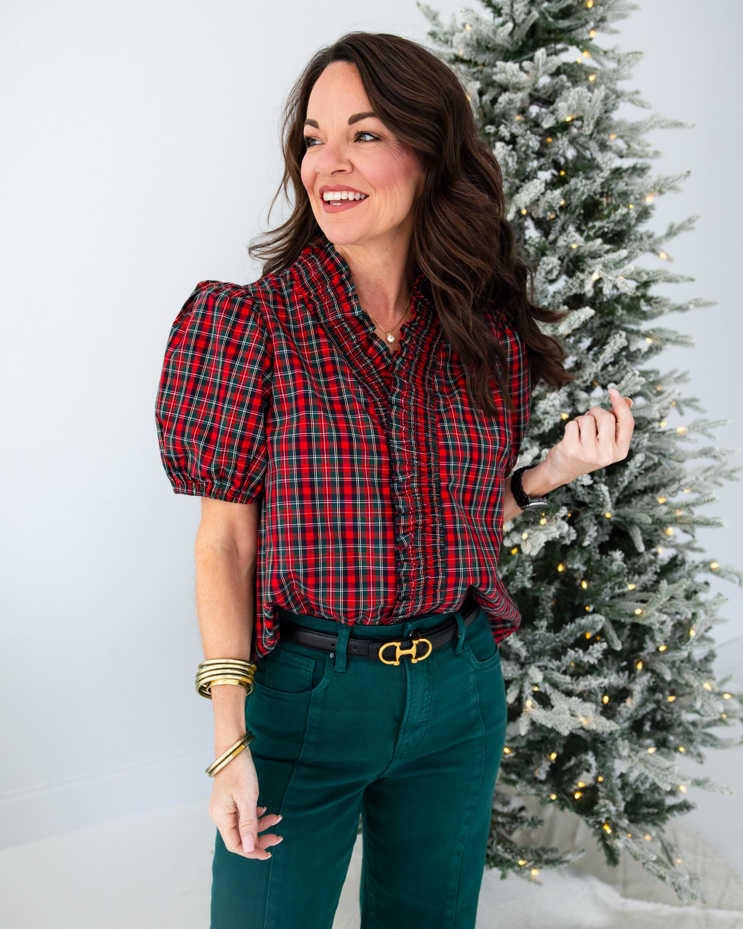 Holiday Plaid Puff Sleeve Top