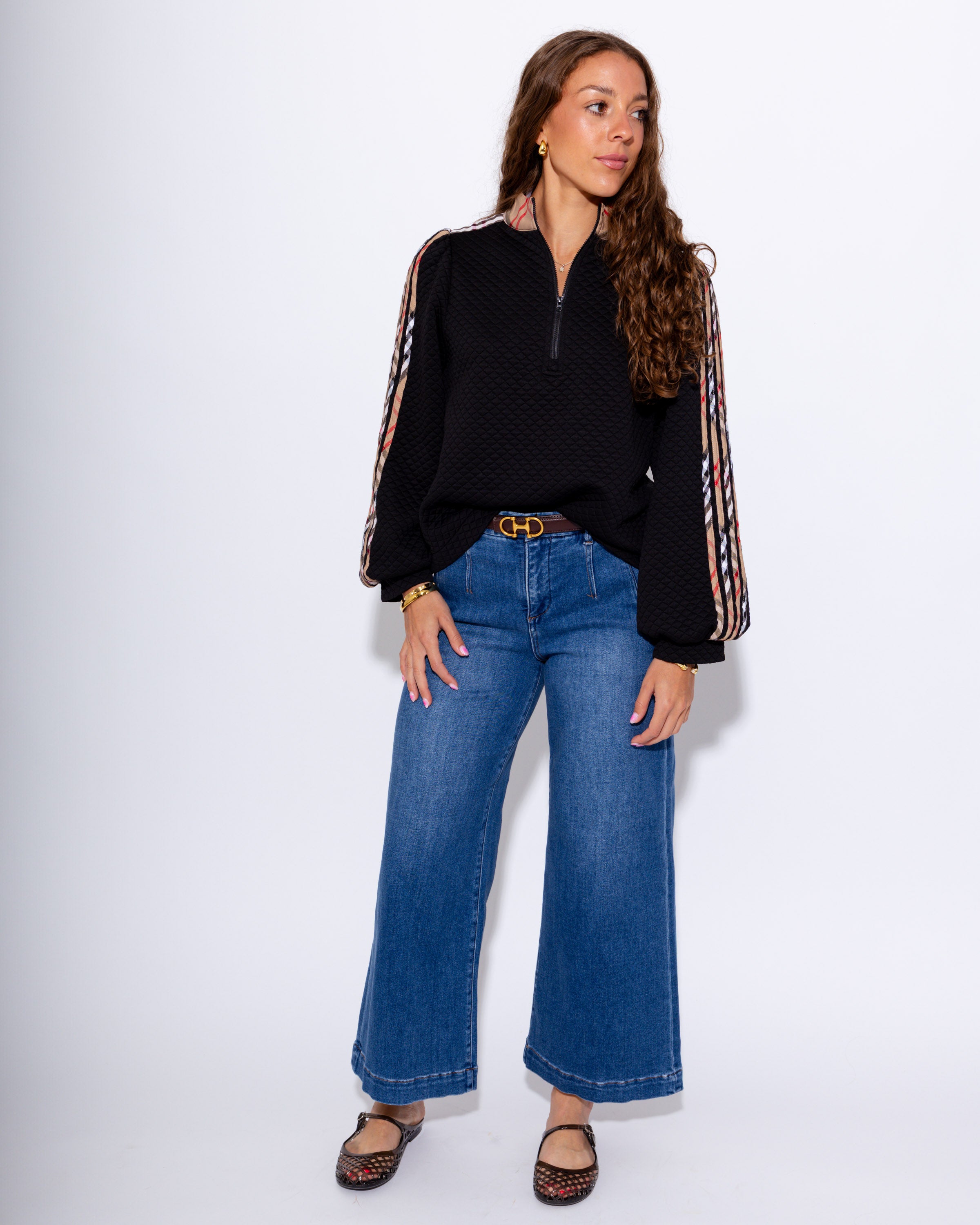 Plaid Contrast Puff Sleeve Zip Up Top