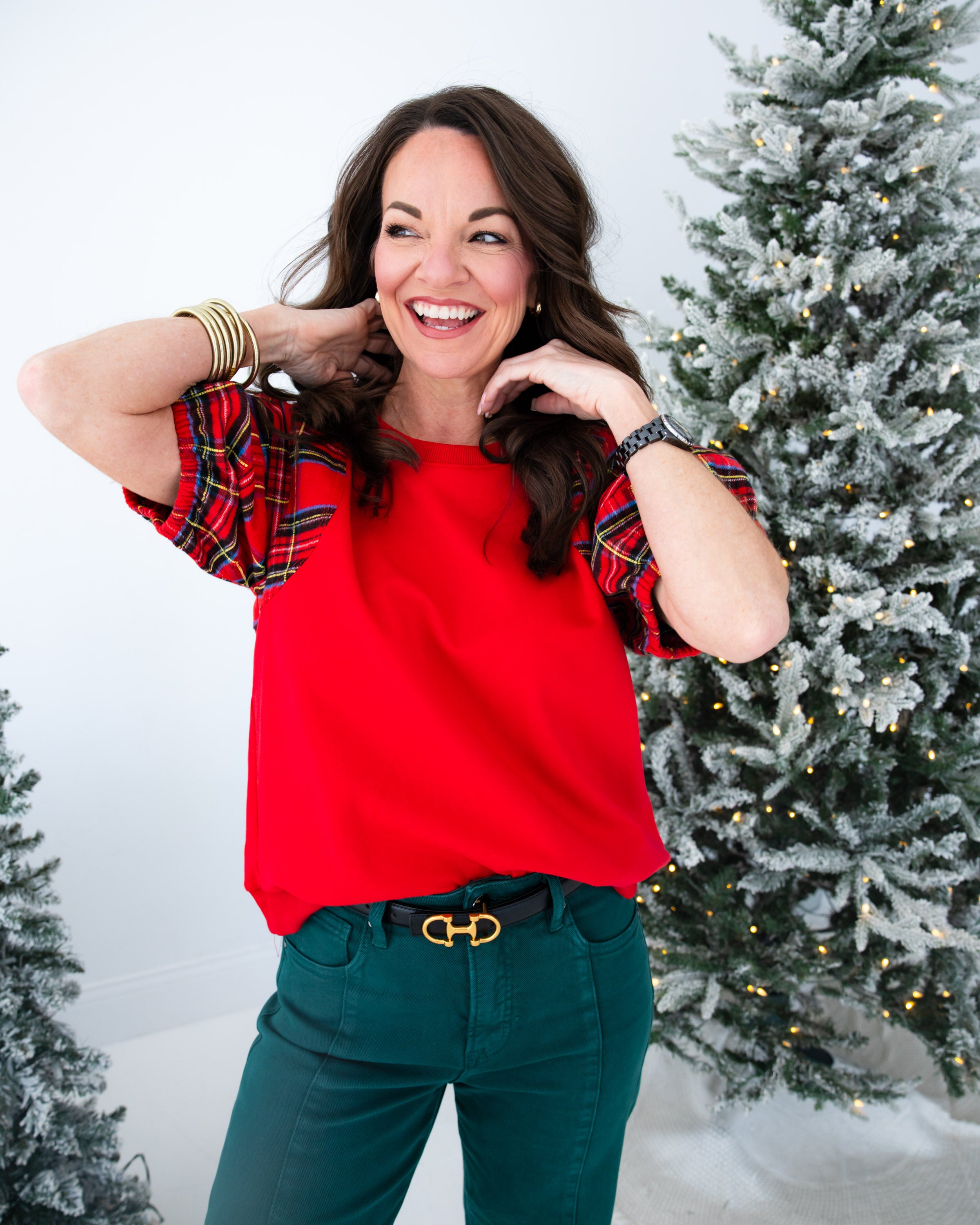 Plaid Puff Sleeve Top in Red