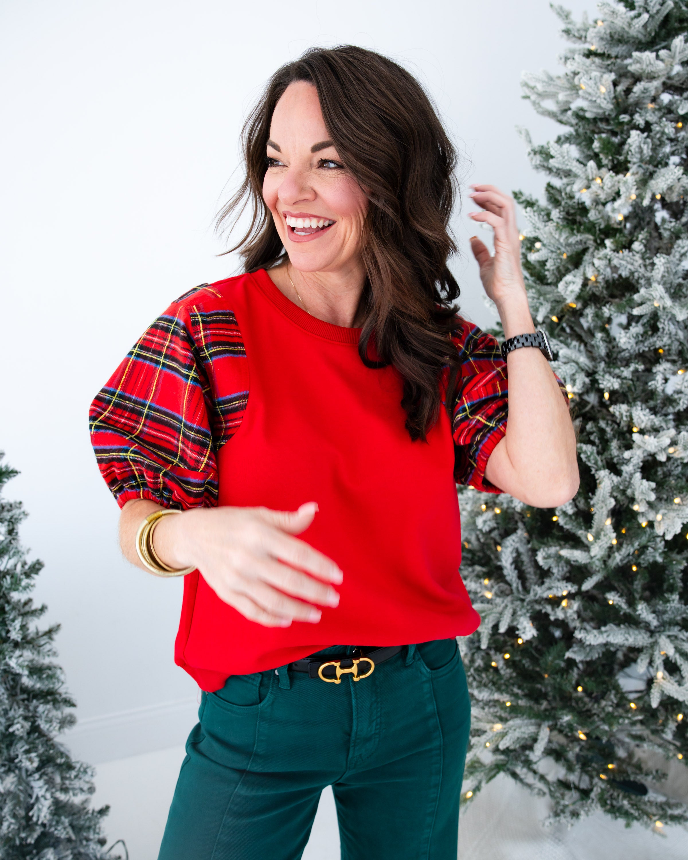 Plaid Puff Sleeve Top in Red