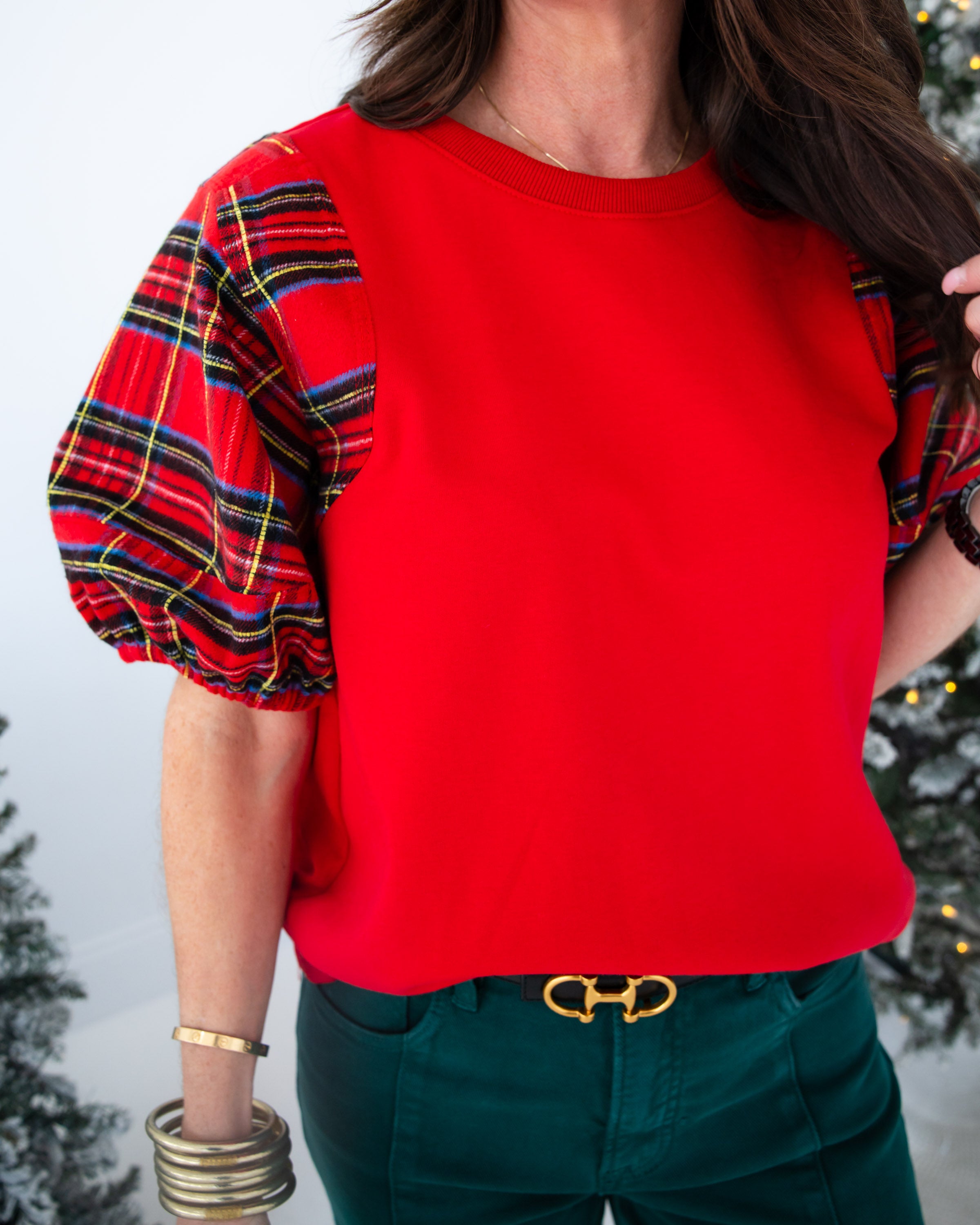 Plaid Puff Sleeve Top in Red