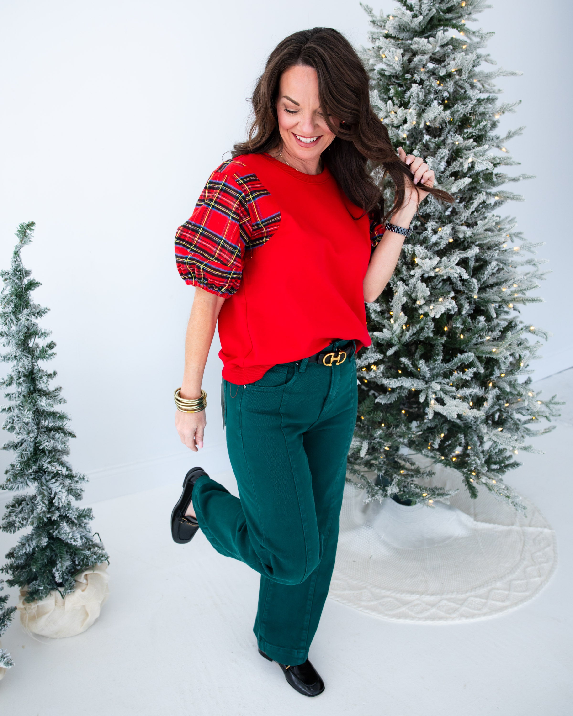 Plaid Puff Sleeve Top in Red
