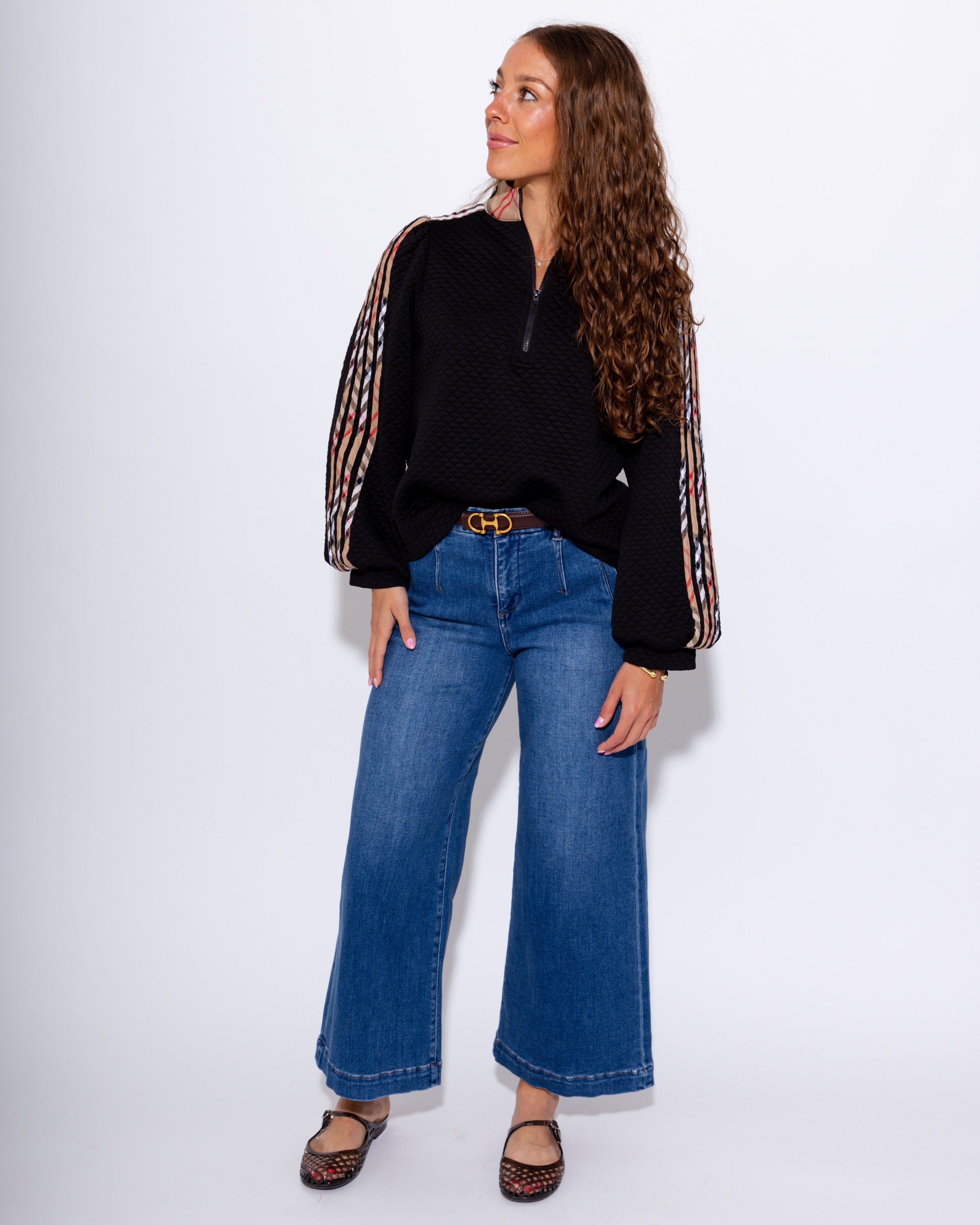 Plaid Contrast Puff Sleeve Zip Up Top