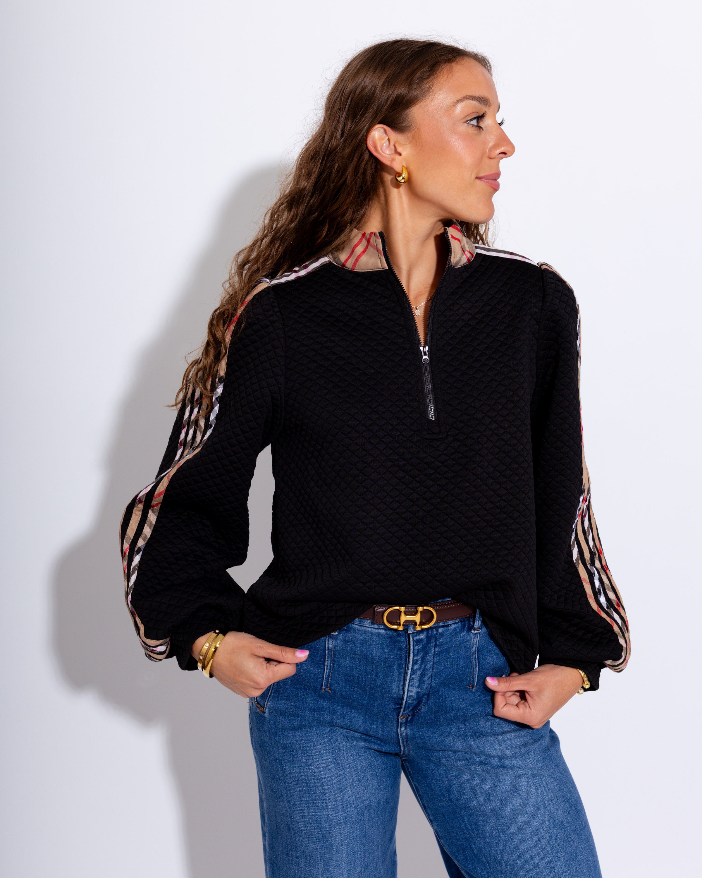 Plaid Contrast Puff Sleeve Zip Up Top