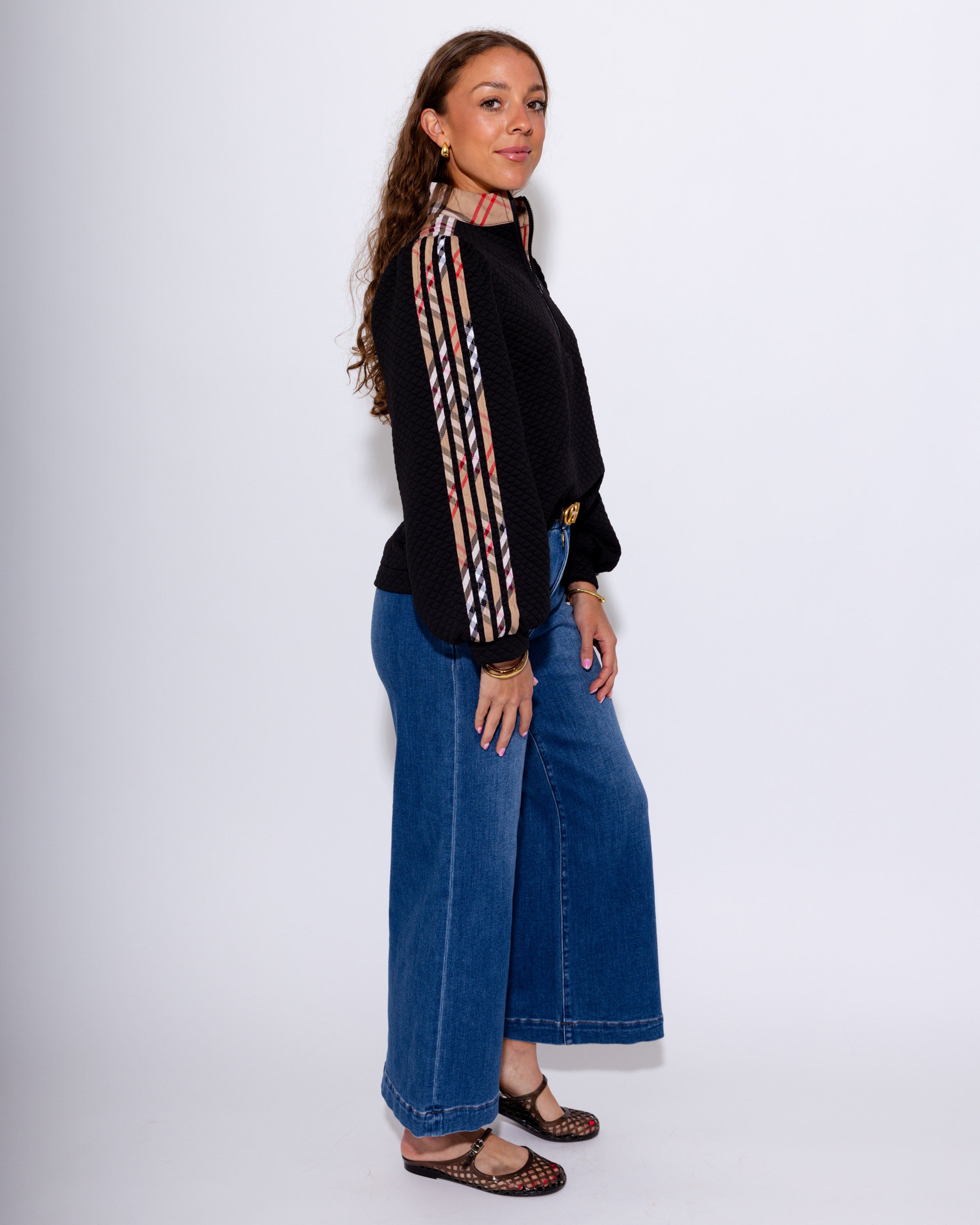 Plaid Contrast Puff Sleeve Zip Up Top