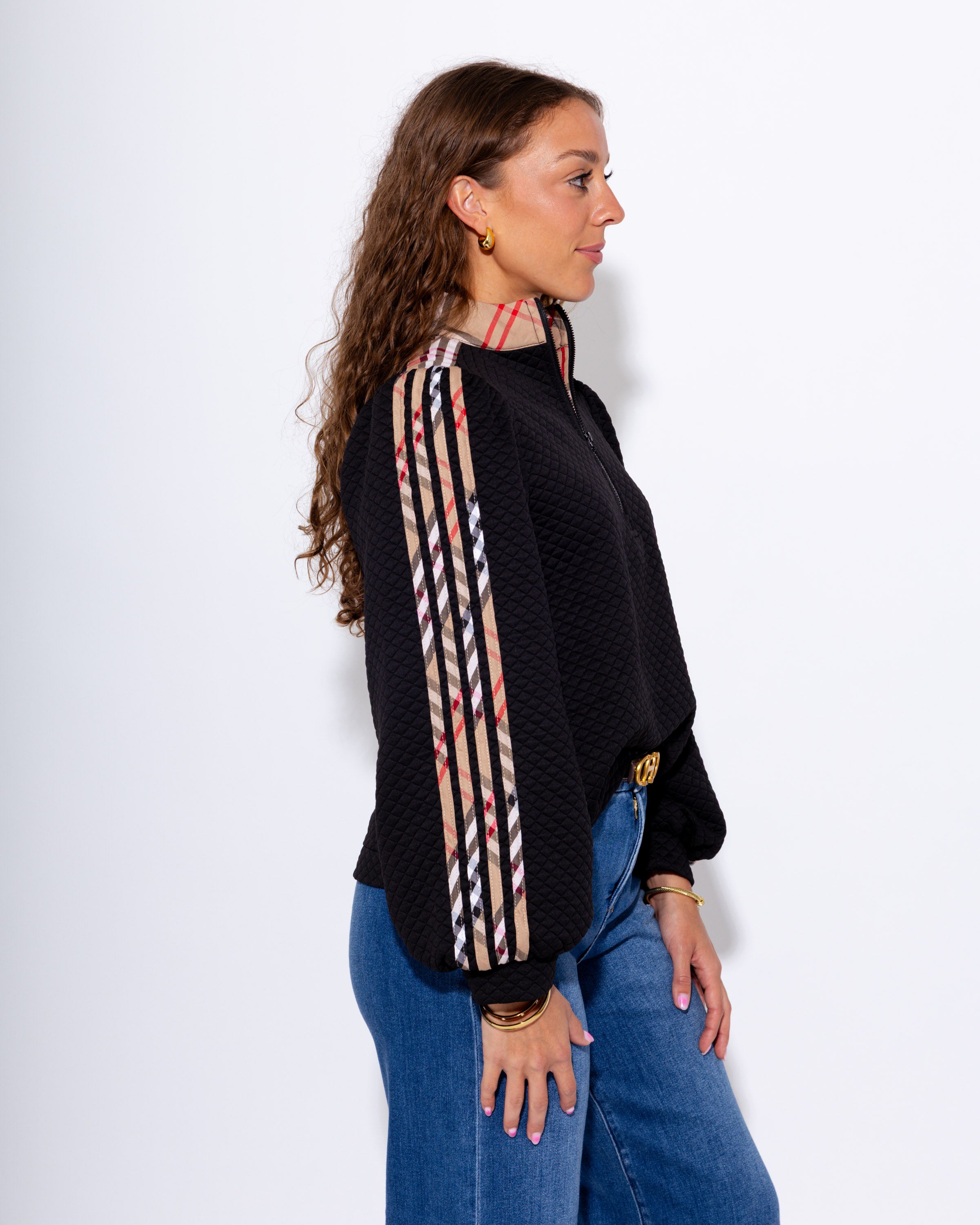 Plaid Contrast Puff Sleeve Zip Up Top