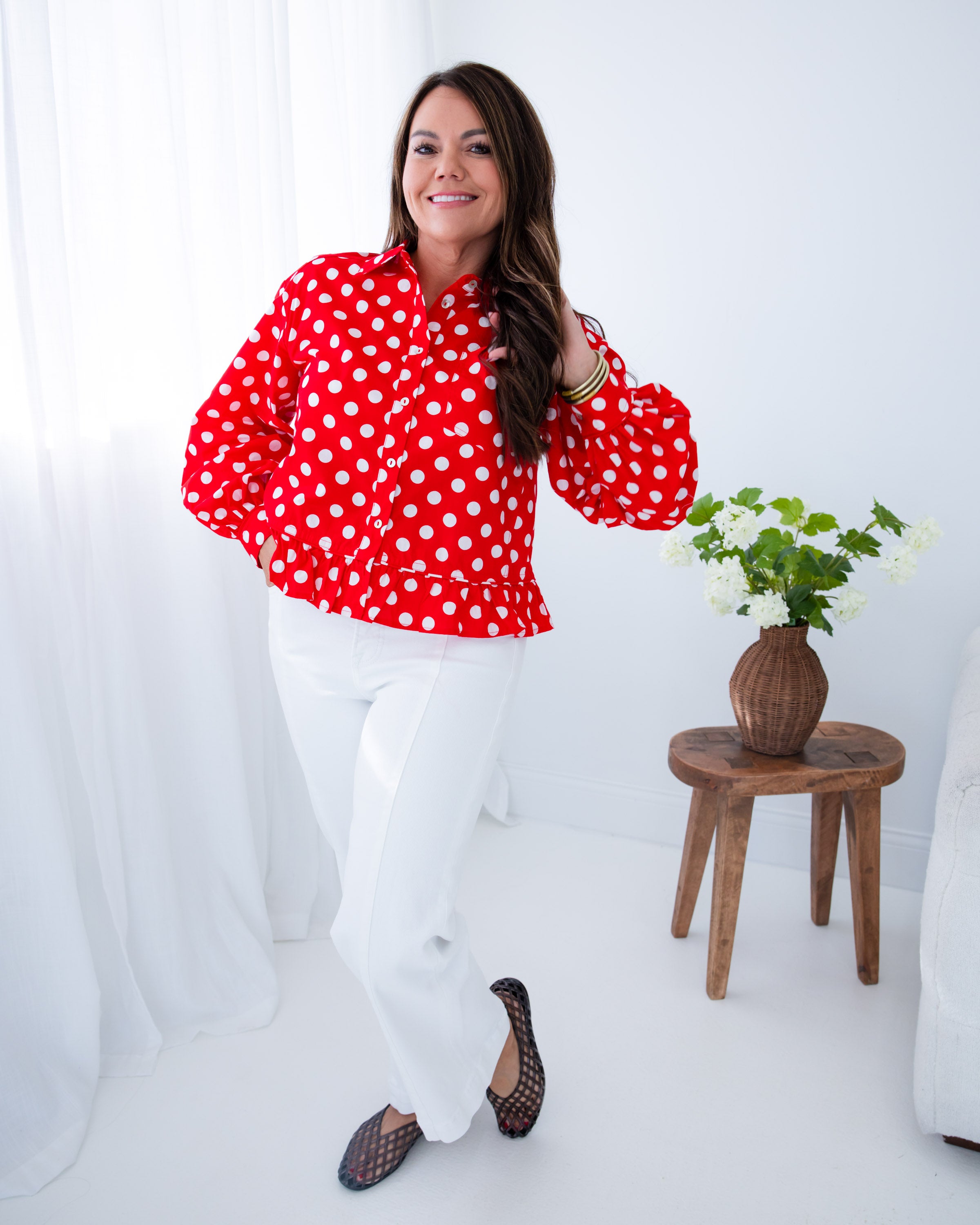 Polka Dot Ruffle Hem Top in Red
