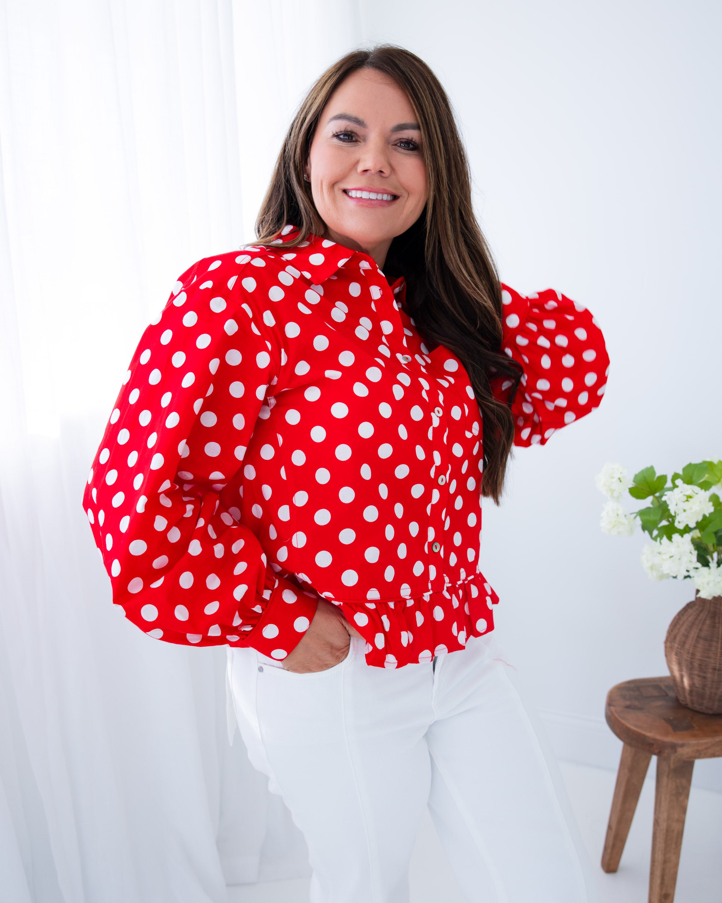 Polka Dot Ruffle Hem Top in Red