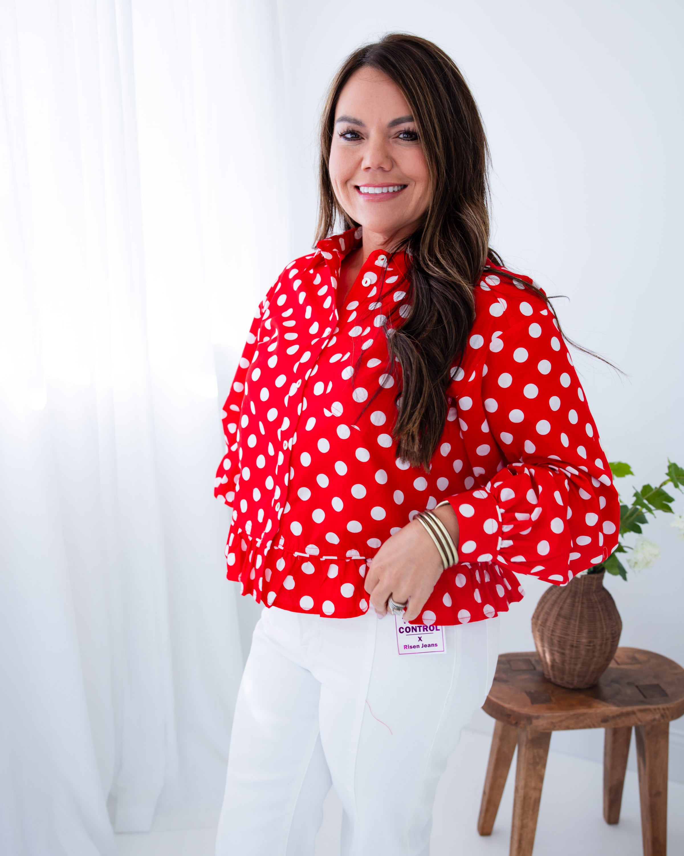 Polka Dot Ruffle Hem Top in Red