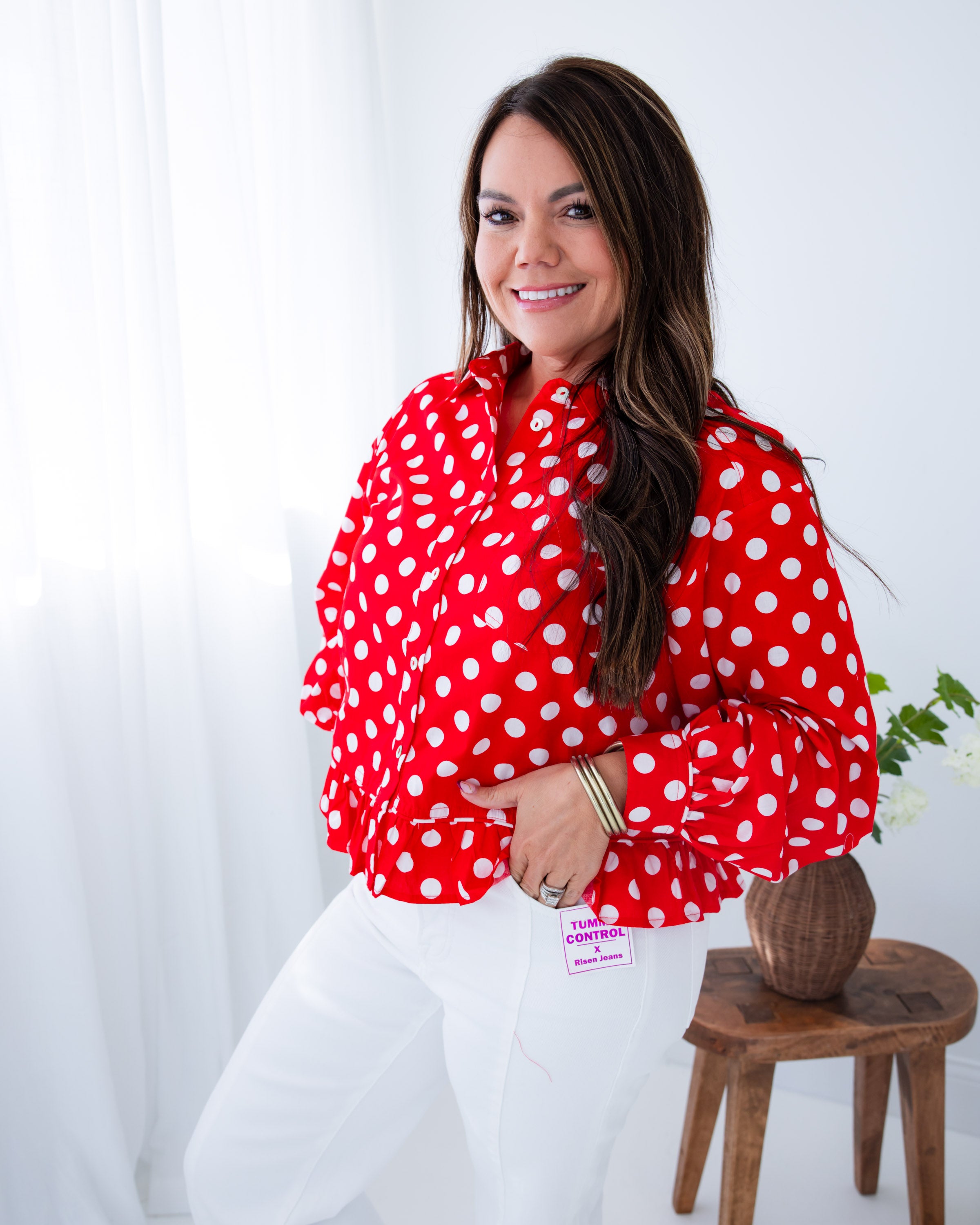 Polka Dot Ruffle Hem Top in Red