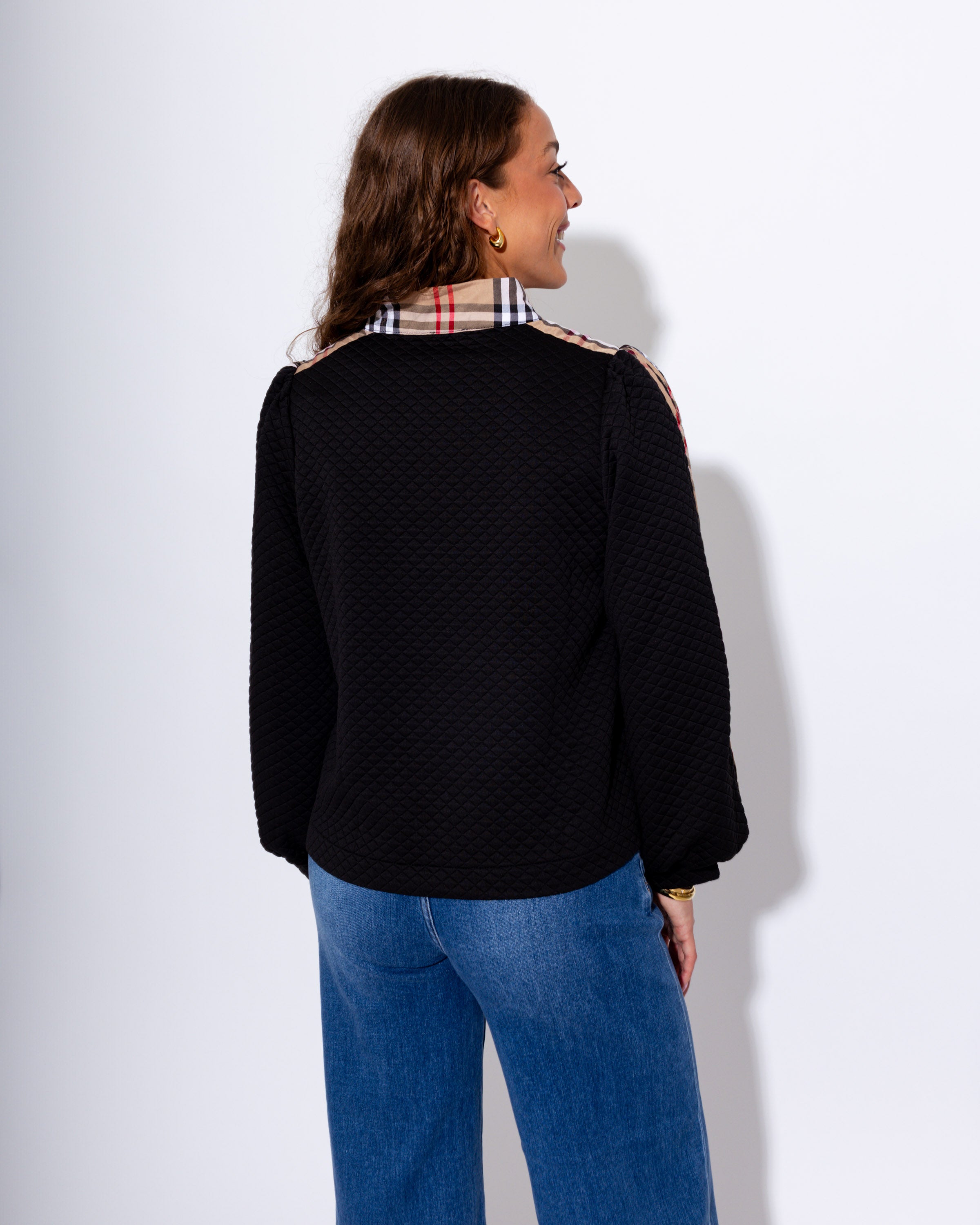 Plaid Contrast Puff Sleeve Zip Up Top
