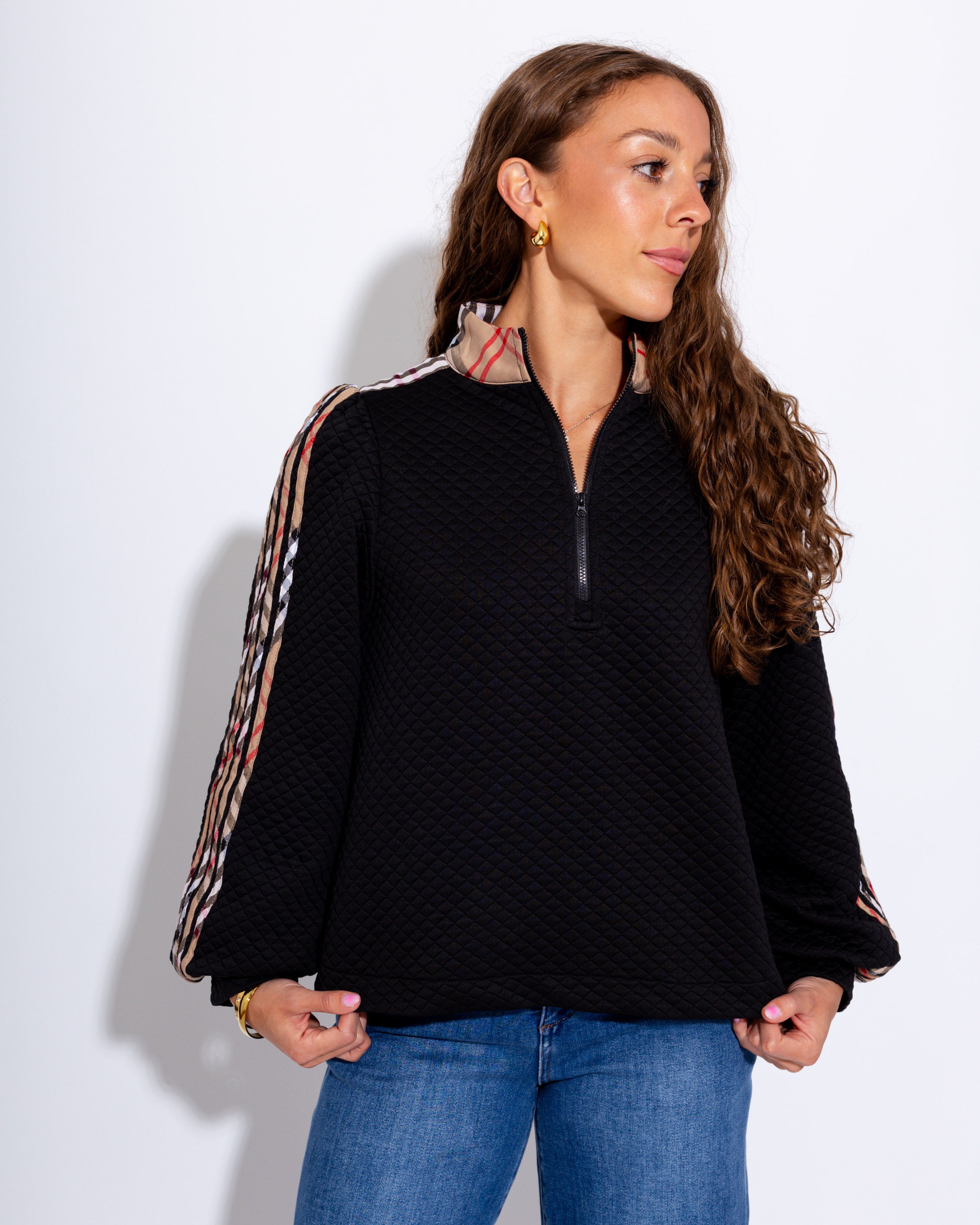 Plaid Contrast Puff Sleeve Zip Up Top