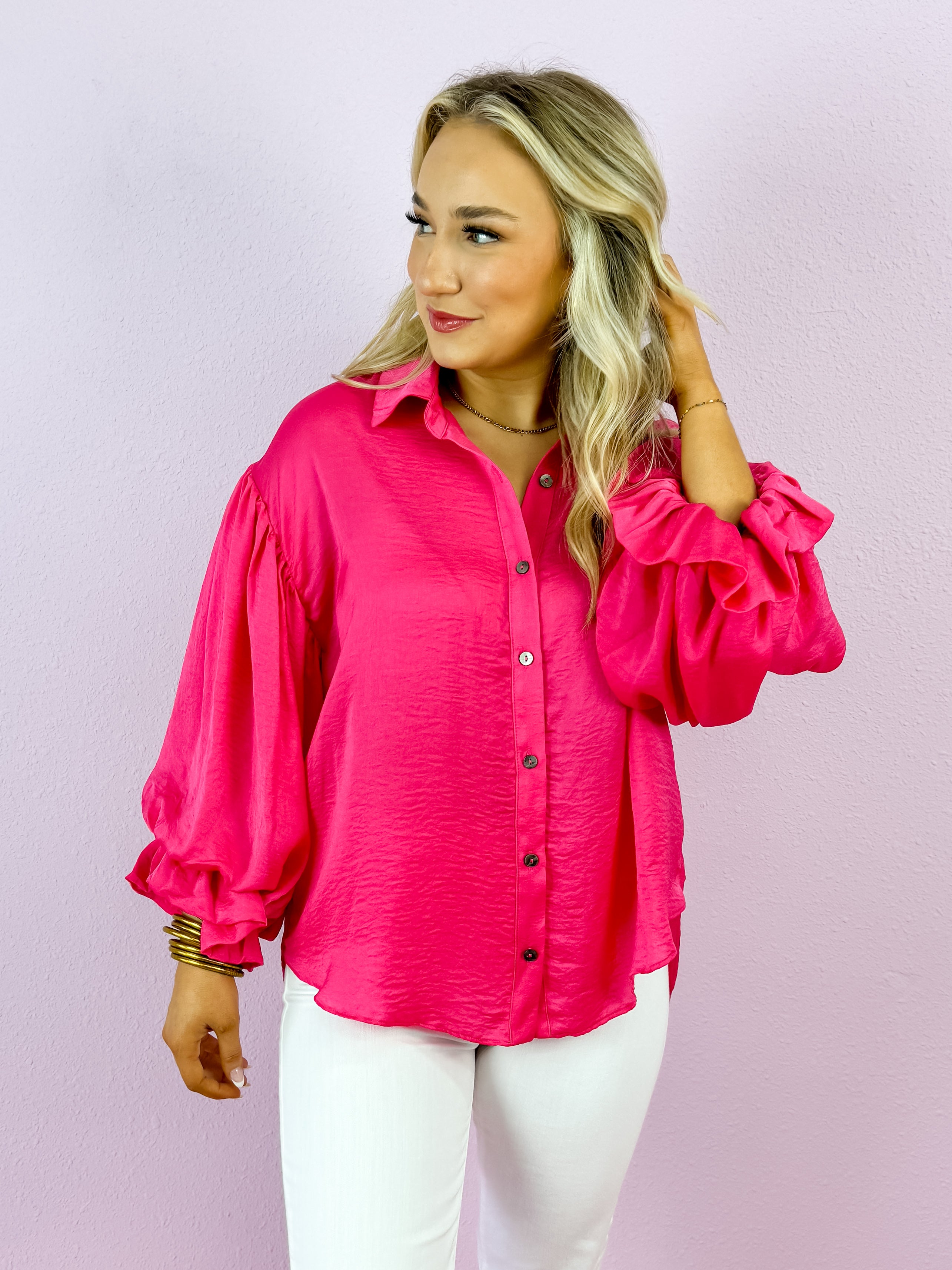 Satin Collared Button-Down Top in Hot Pink