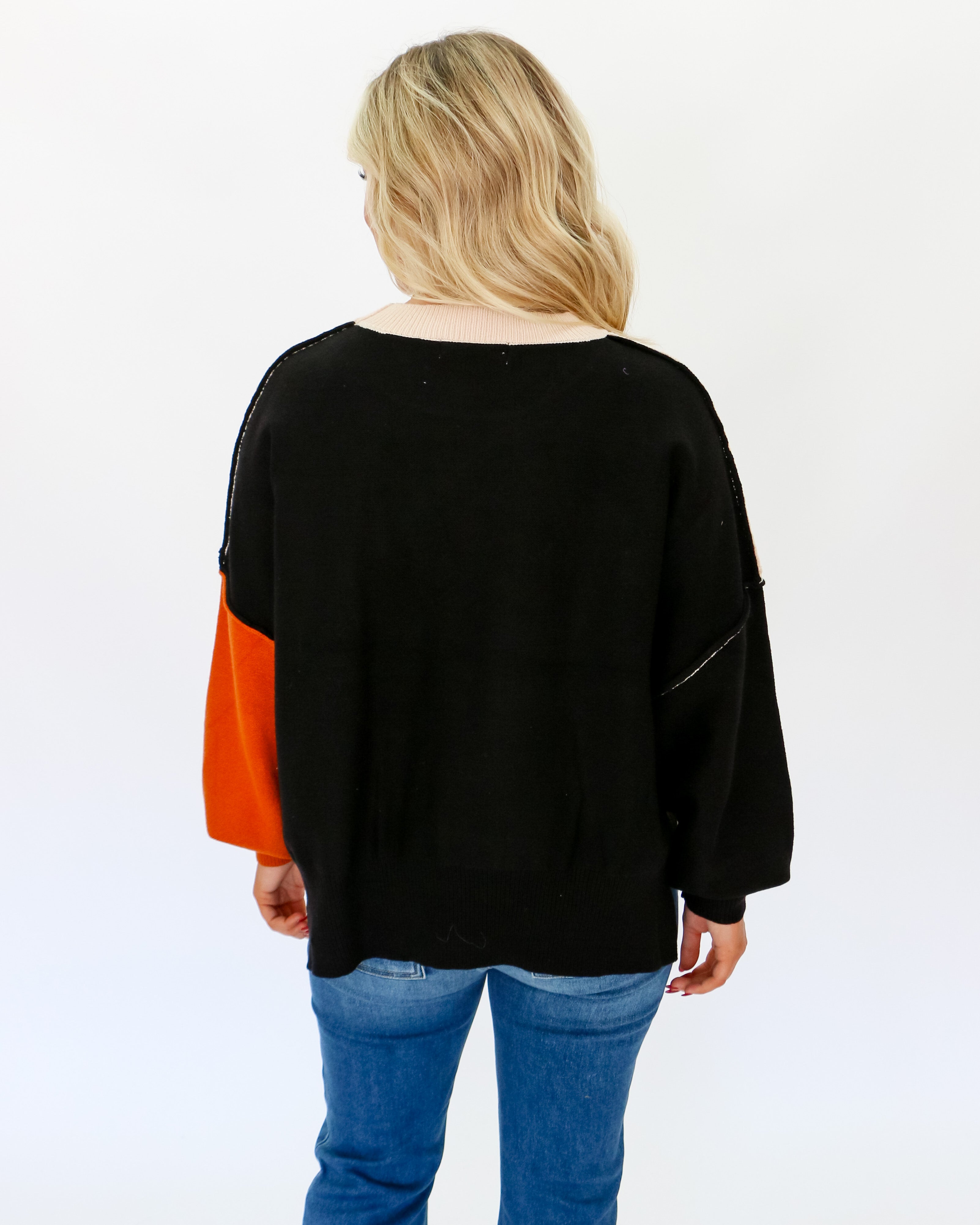 Bubble Sleeve Colorblock Sweater in Black Oat Rust