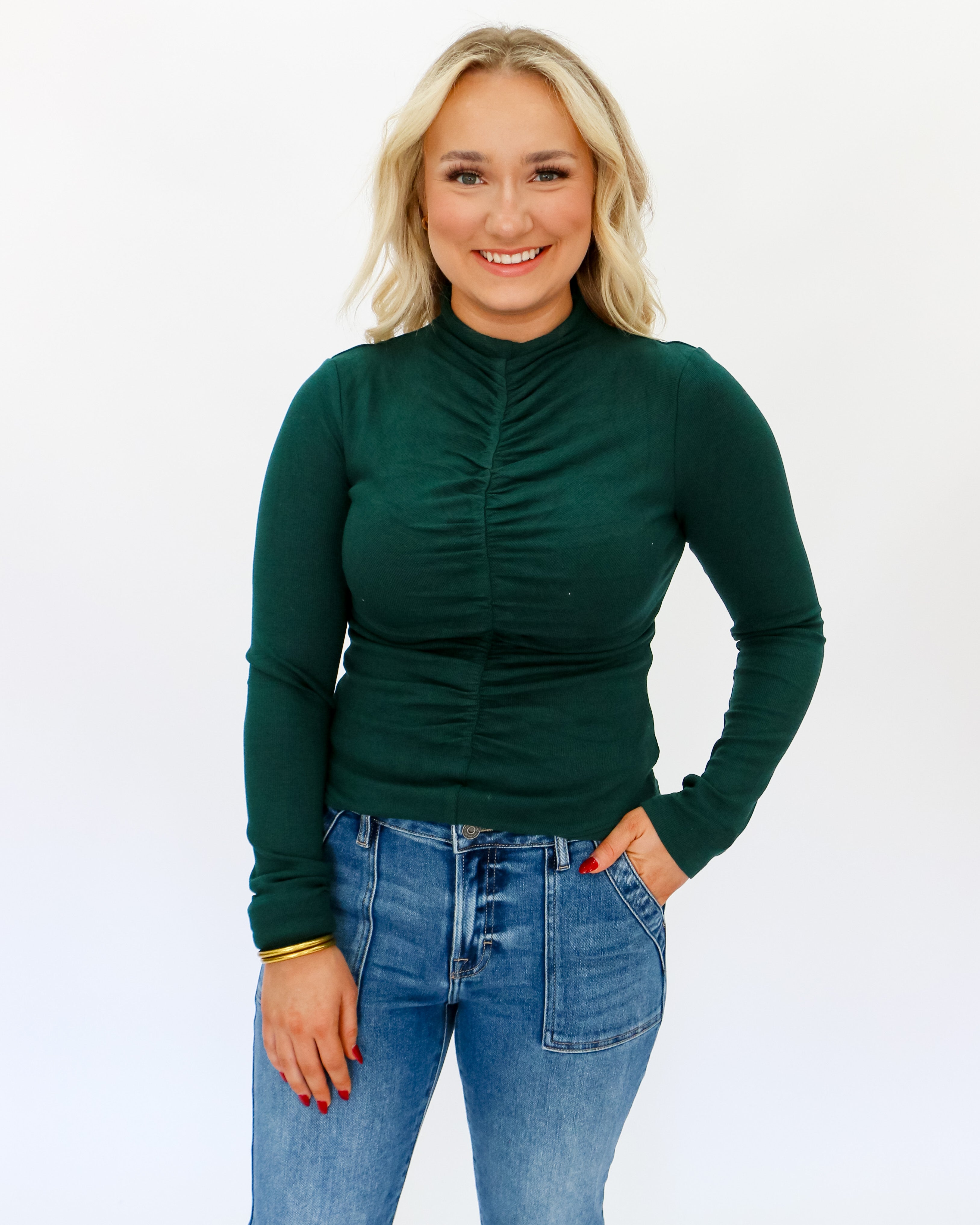 Ribbed Mock Neck Long Sleeve Top in Green