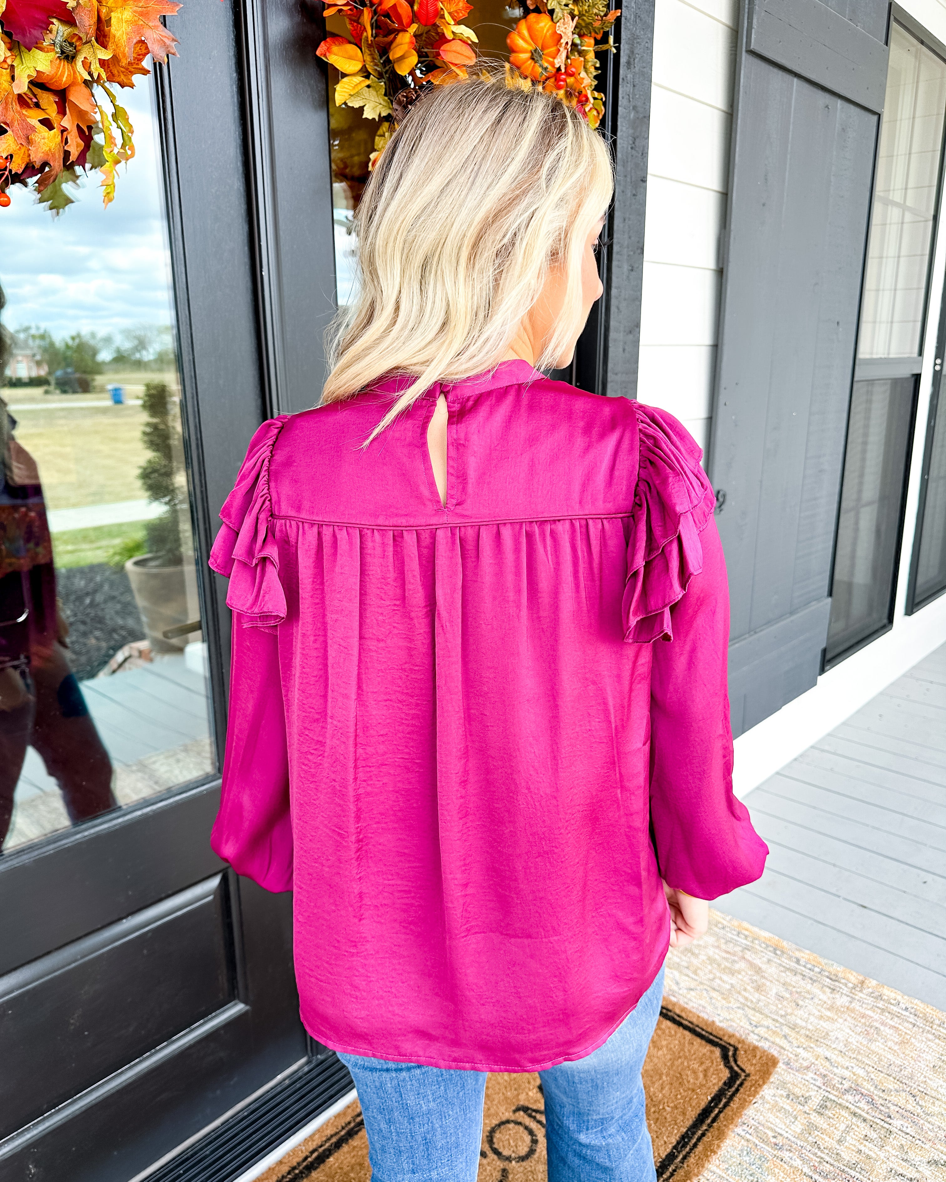 Solid Long Sleeve Ruffle Top in Orchid