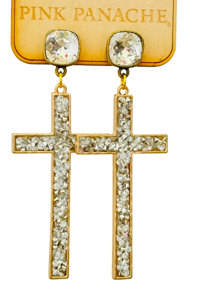 Bronze and Clear Cross Earring