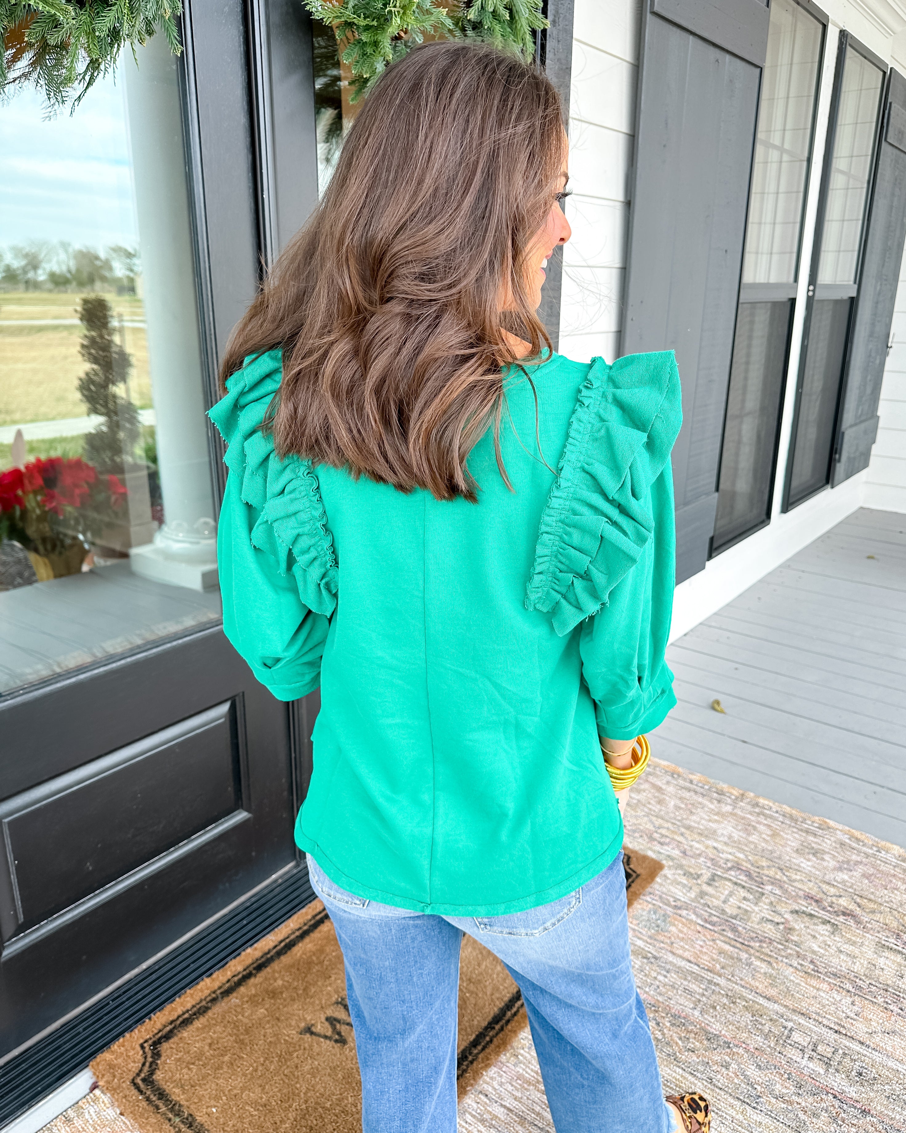 French Terry Top with Ruffle Sleeve in Green