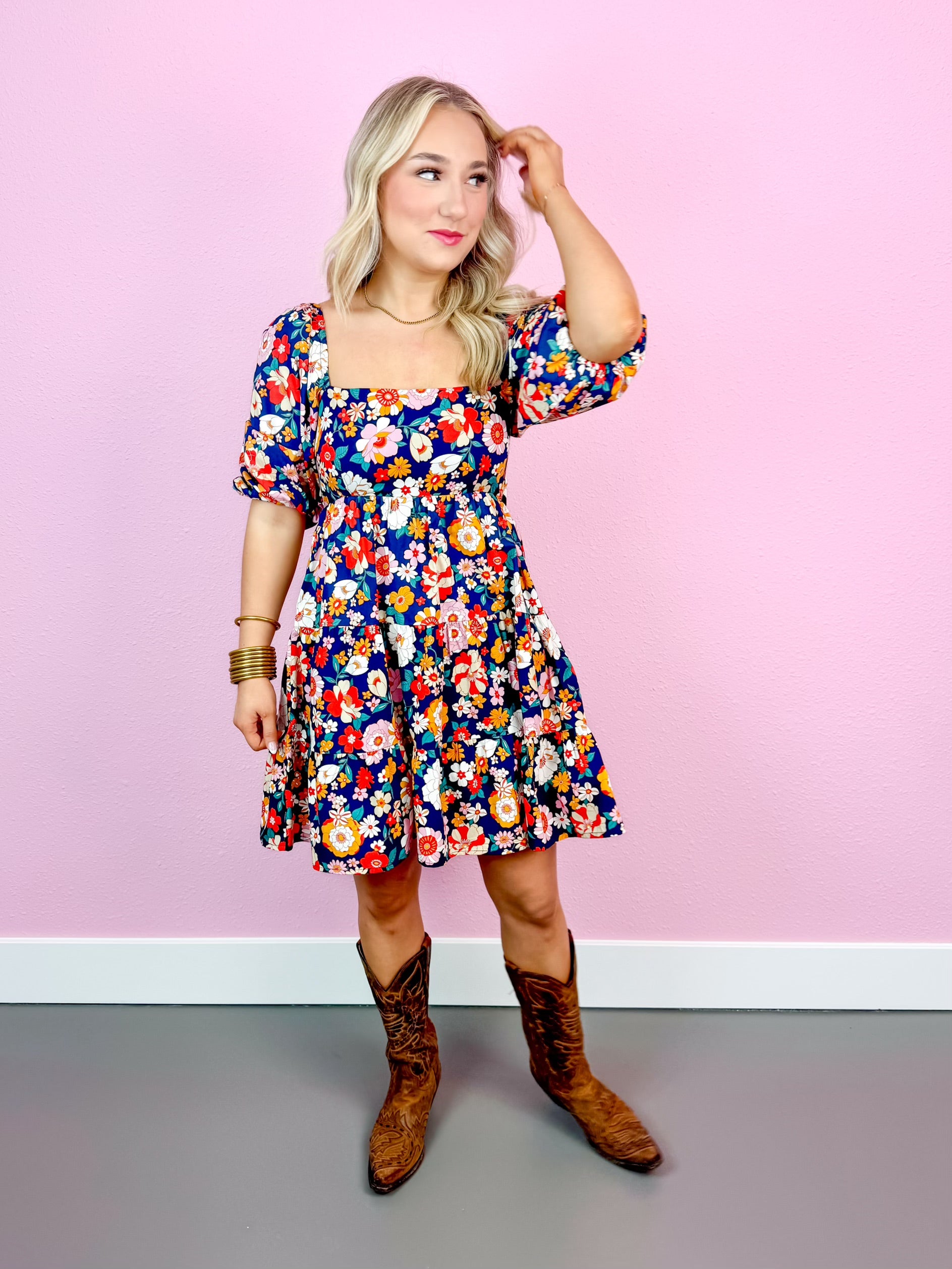 London Floral Puff Sleeve Smock Knot Dress
