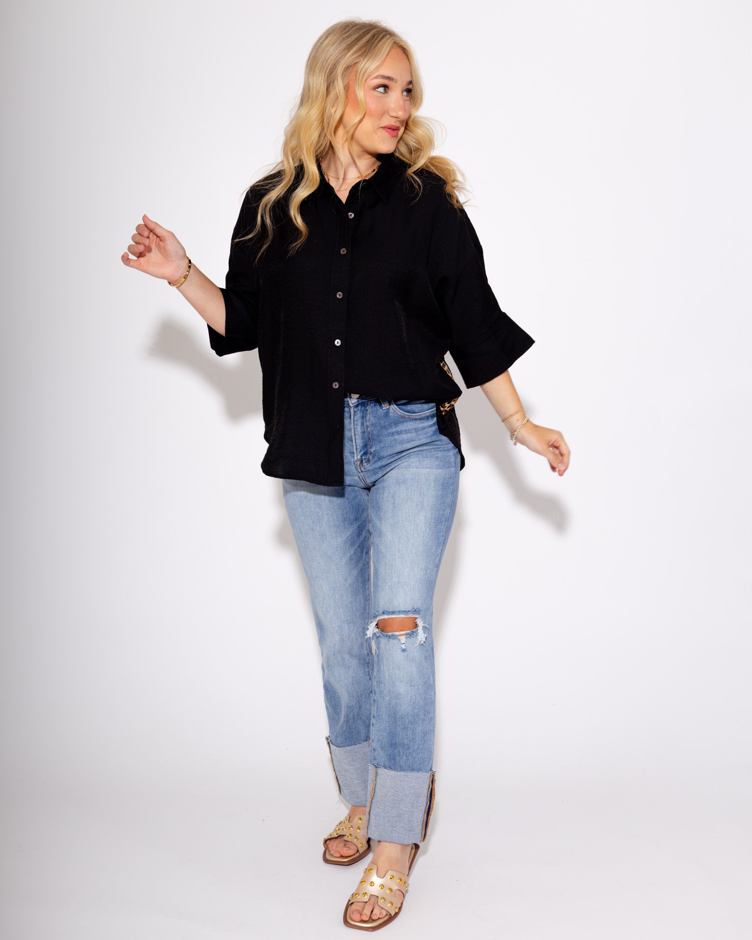 High Rise Ankle Straight Wide Cuffed Jeans in Medium