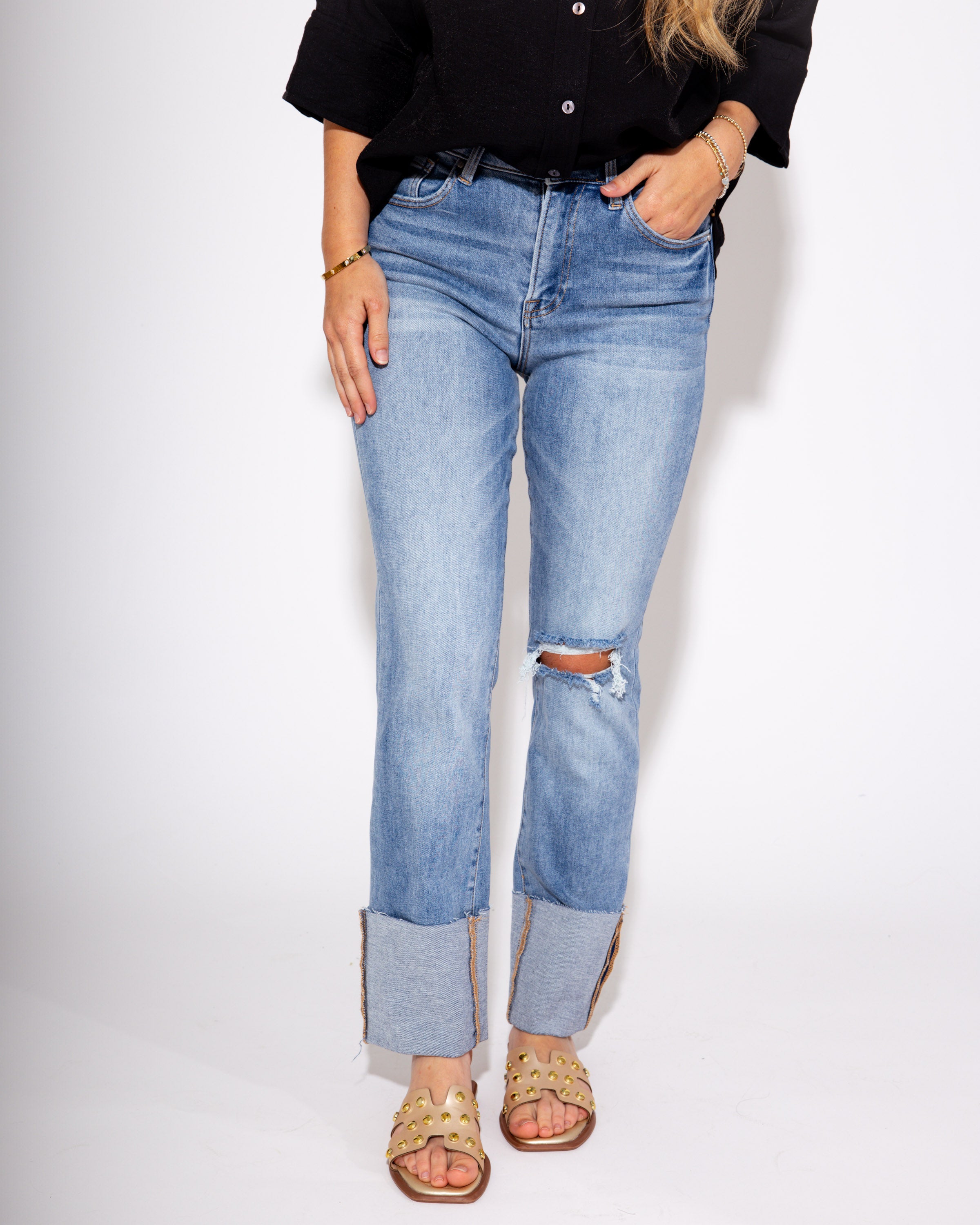 High Rise Ankle Straight Wide Cuffed Jeans in Medium