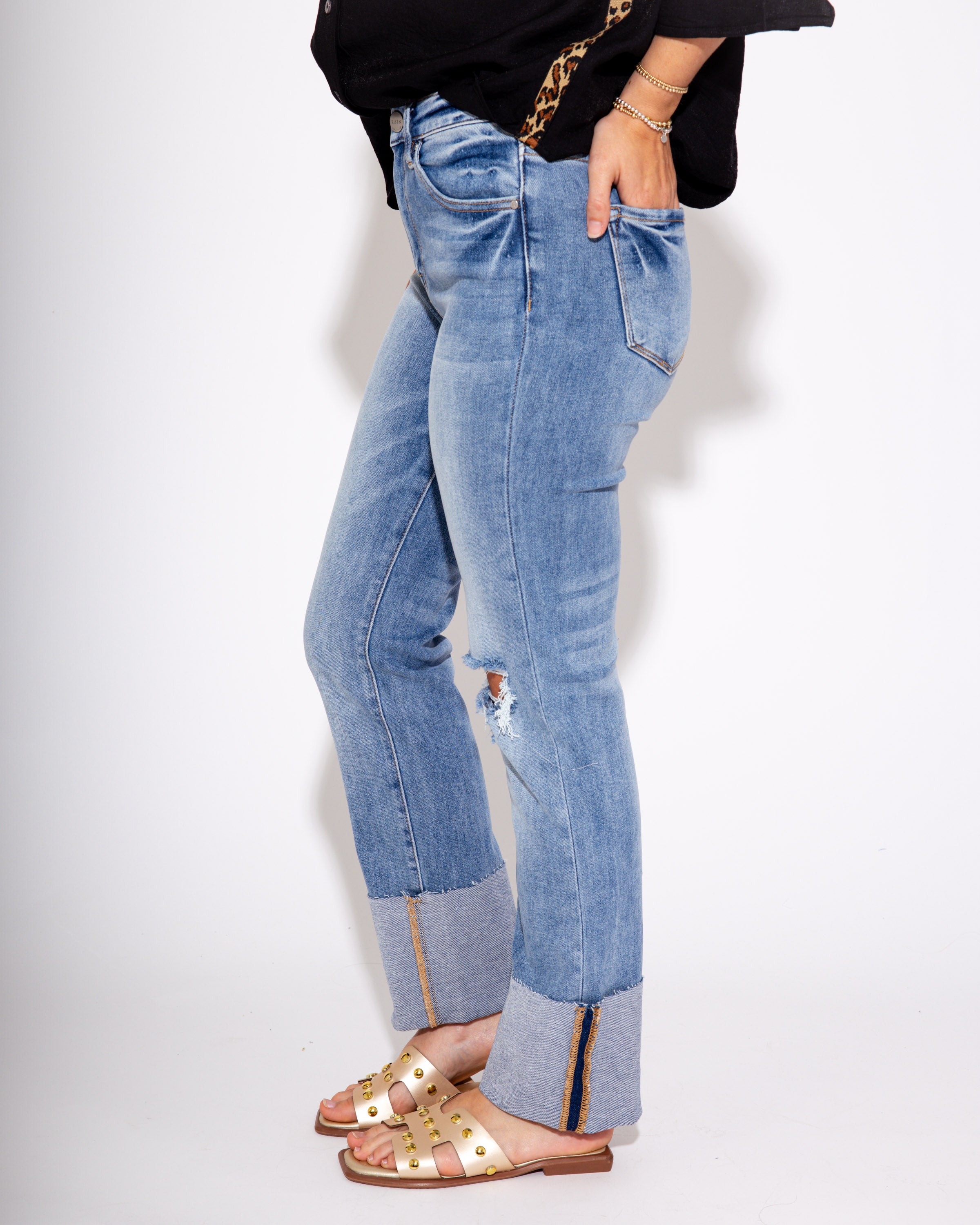 High Rise Ankle Straight Wide Cuffed Jeans in Medium
