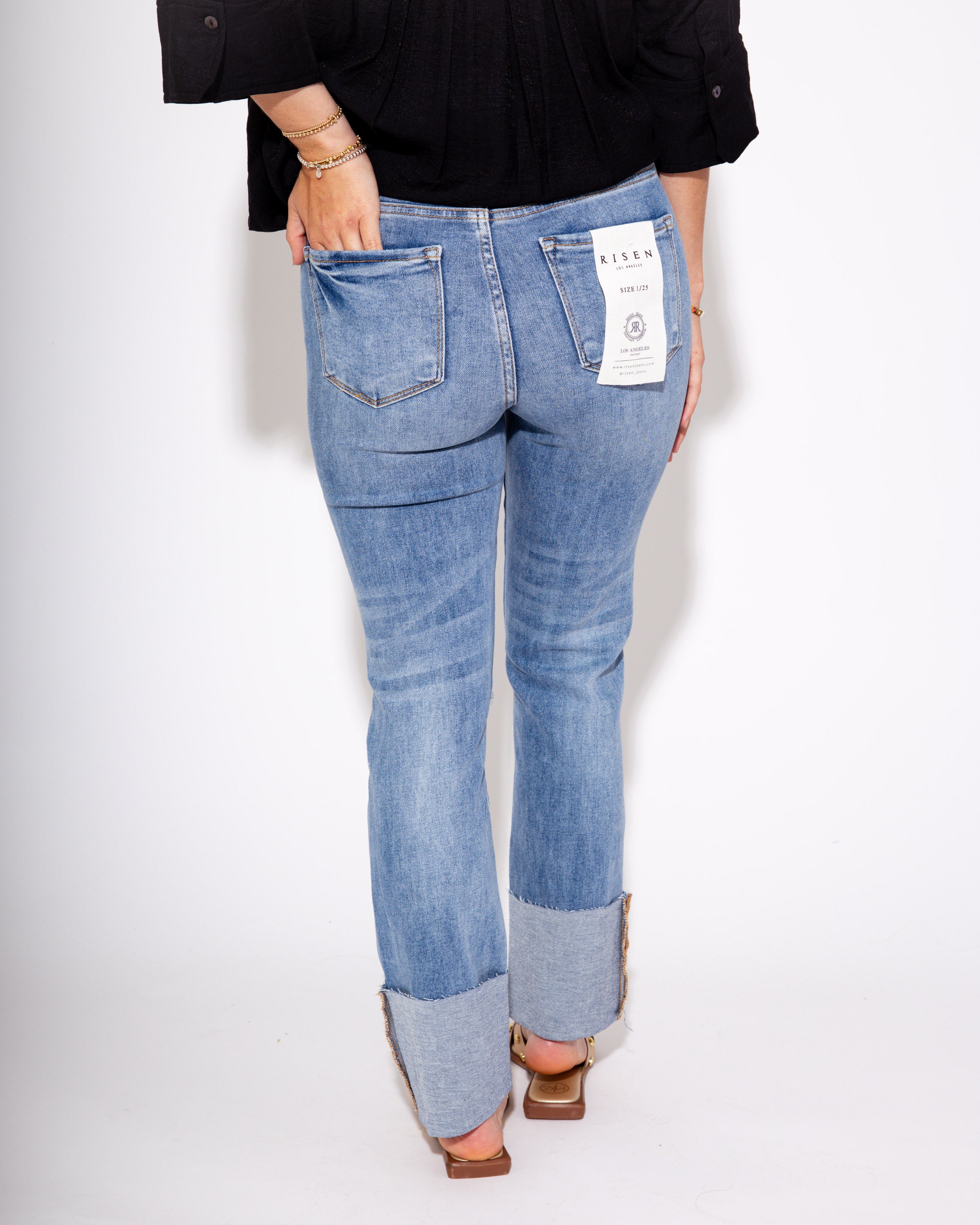 High Rise Ankle Straight Wide Cuffed Jeans in Medium